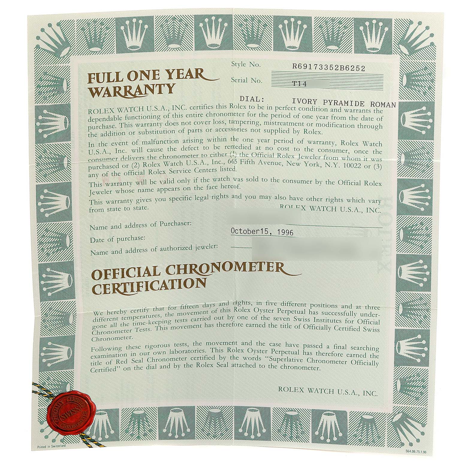 This image shows the warranty and certification document for a Rolex Datejust 69173 Women's Steel and Gold (two tone) Beige Dial 69173 Women's Steel and Gold (two tone) Beige Dial watch, including the serial number and purchase details.