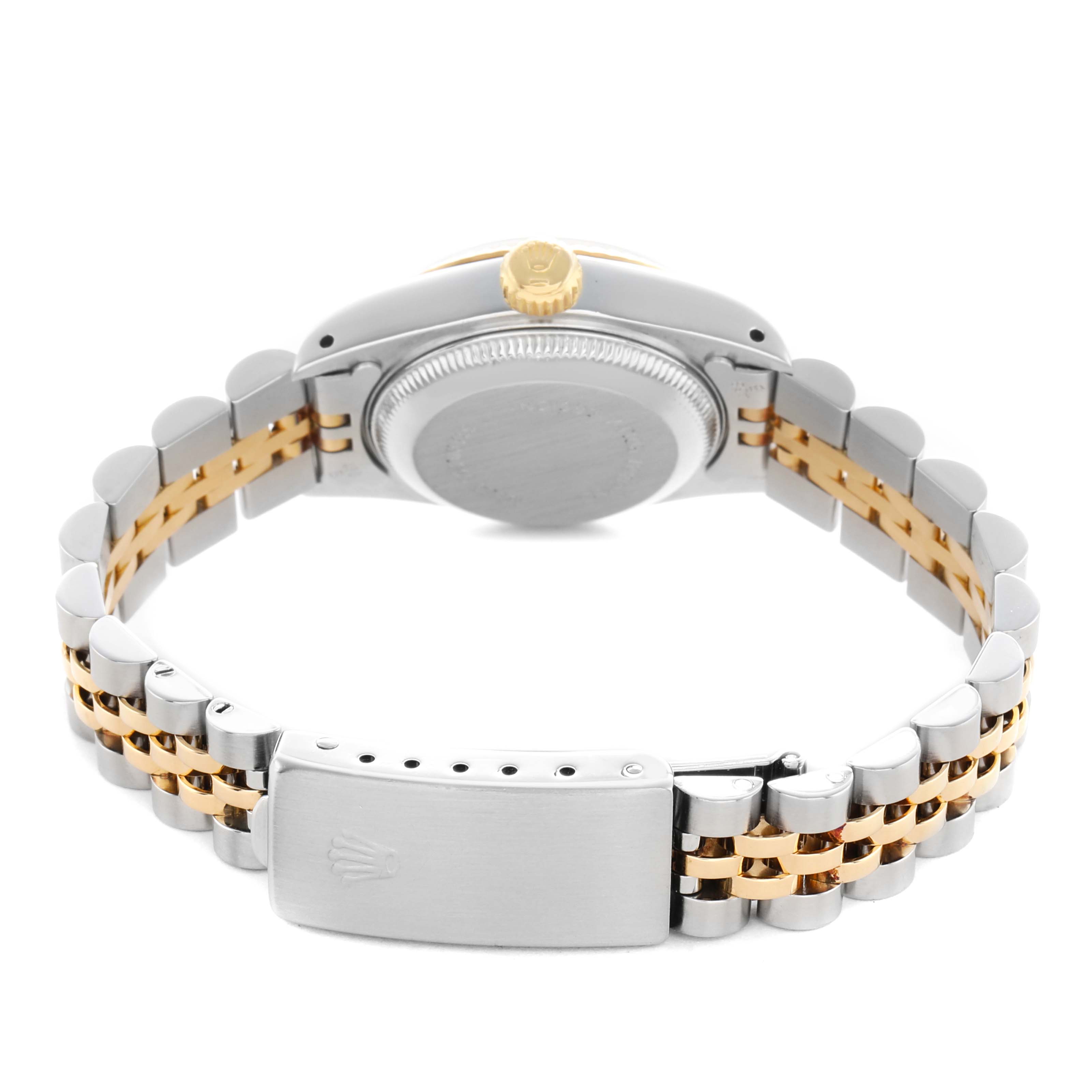 The image shows the Rolex Datejust 69173 Women's Steel and Gold (two tone) Silver Dial watch from behind, highlighting the case back, crown, and two-tone bracelet with clasp.