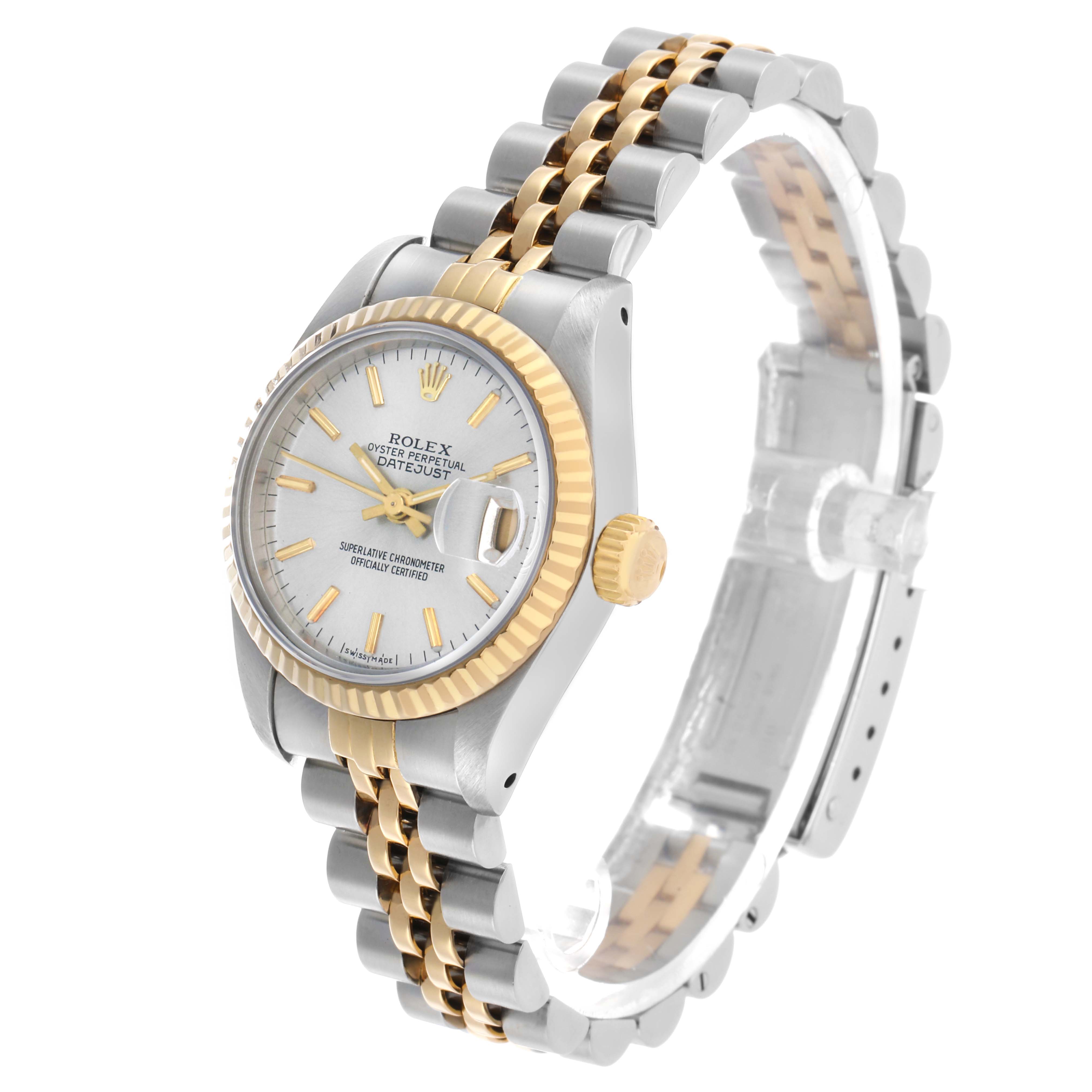 The Rolex Datejust 69173 Women's Steel and Gold (two tone) Silver Dial watch is shown at a three-quarter angle, highlighting the dial, fluted bezel, and two-tone bracelet.