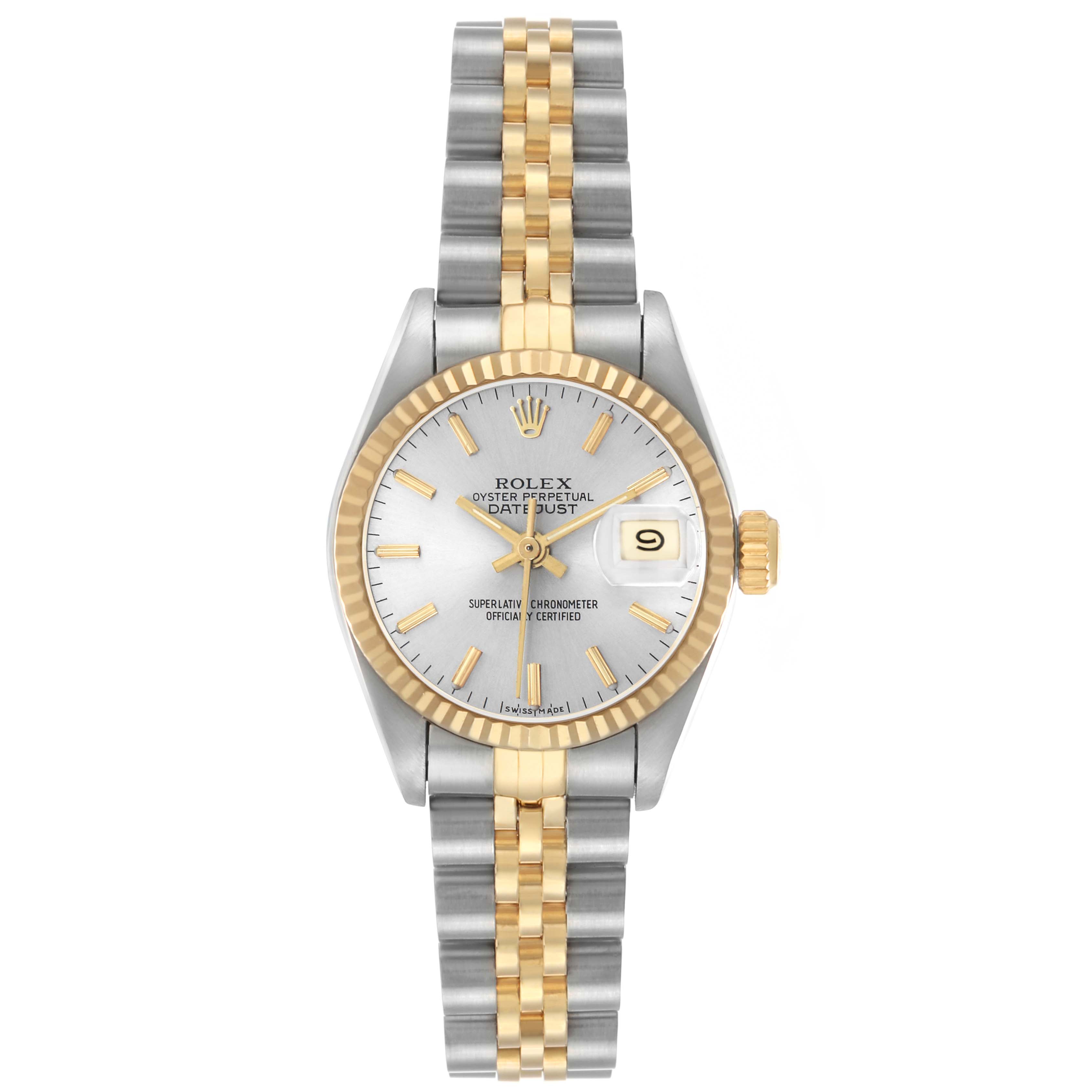 The Rolex Datejust 69173 Women's Steel and Gold (two tone) Silver Dial watch is shown from a front view, displaying the dial, bezel, bracelet, and crown.