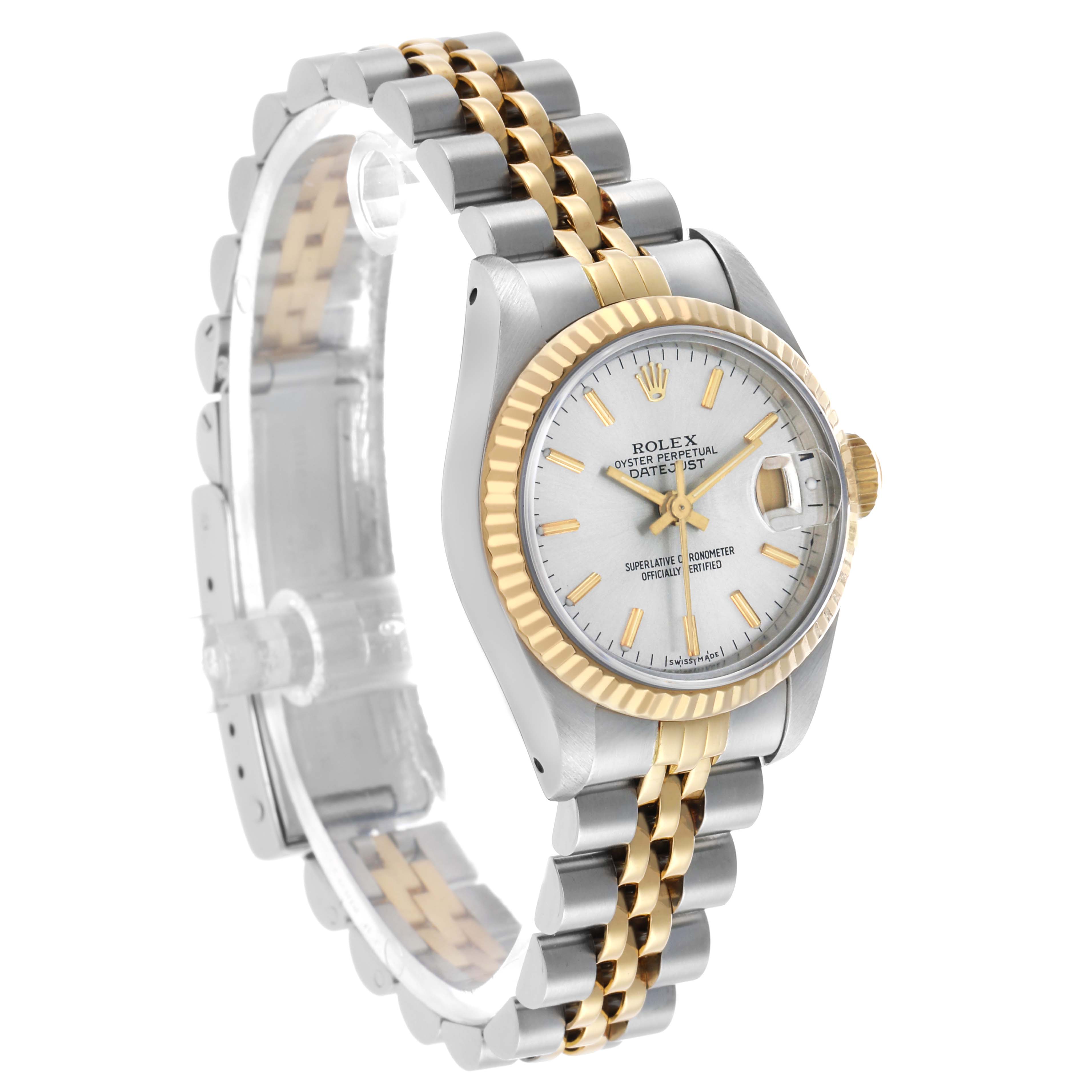 The image shows a Rolex Datejust 69173 Women's Steel and Gold (two tone) Silver Dial watch at a three-quarter angle, highlighting its two-tone bracelet, bezel, and dial.