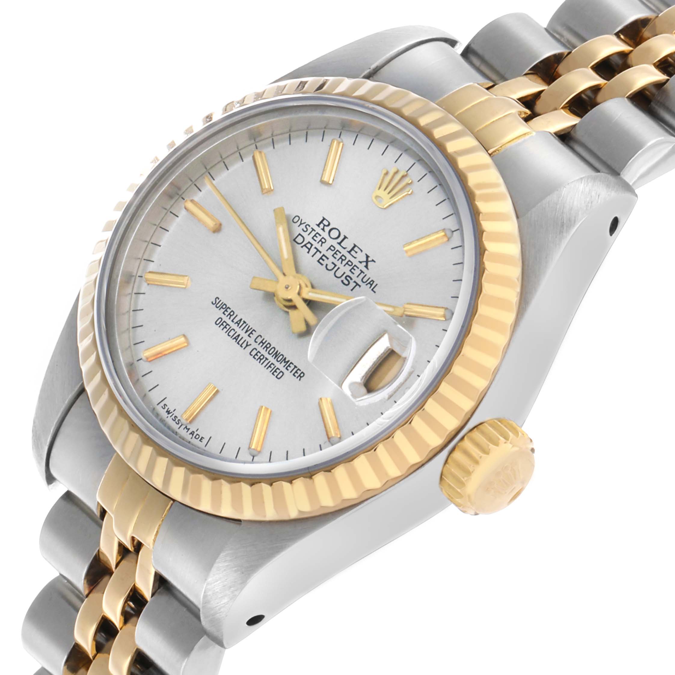 The Rolex Datejust 69173 Women's Steel and Gold (two tone) Silver Dial is shown at a slight angle highlighting the dial, bezel, crown, and part of the bracelet.
