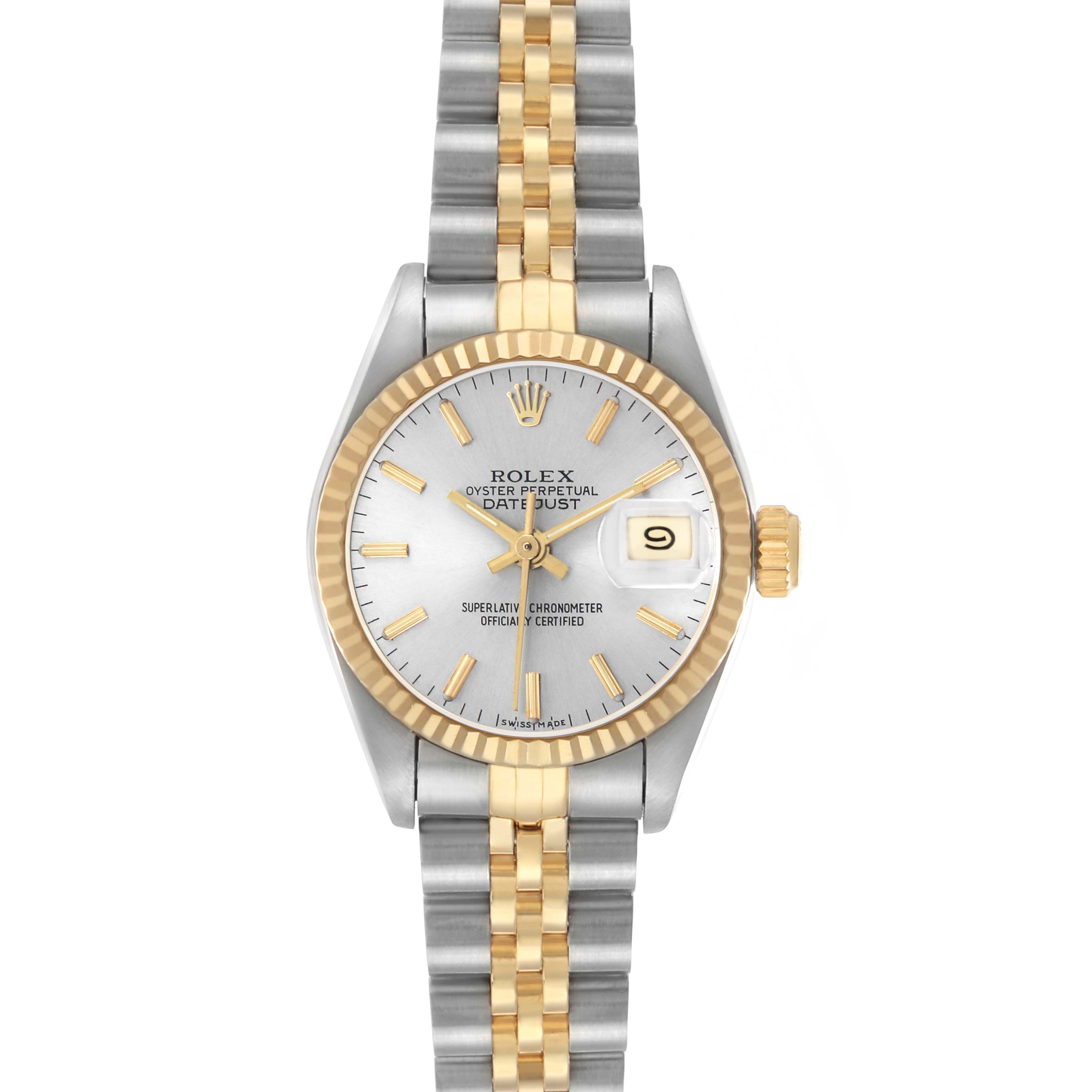 The Rolex Datejust 69173 Women's Steel and Gold (two tone) Silver Dial watch is shown from a straight-on angle, displaying the dial, bezel, and two-tone bracelet.