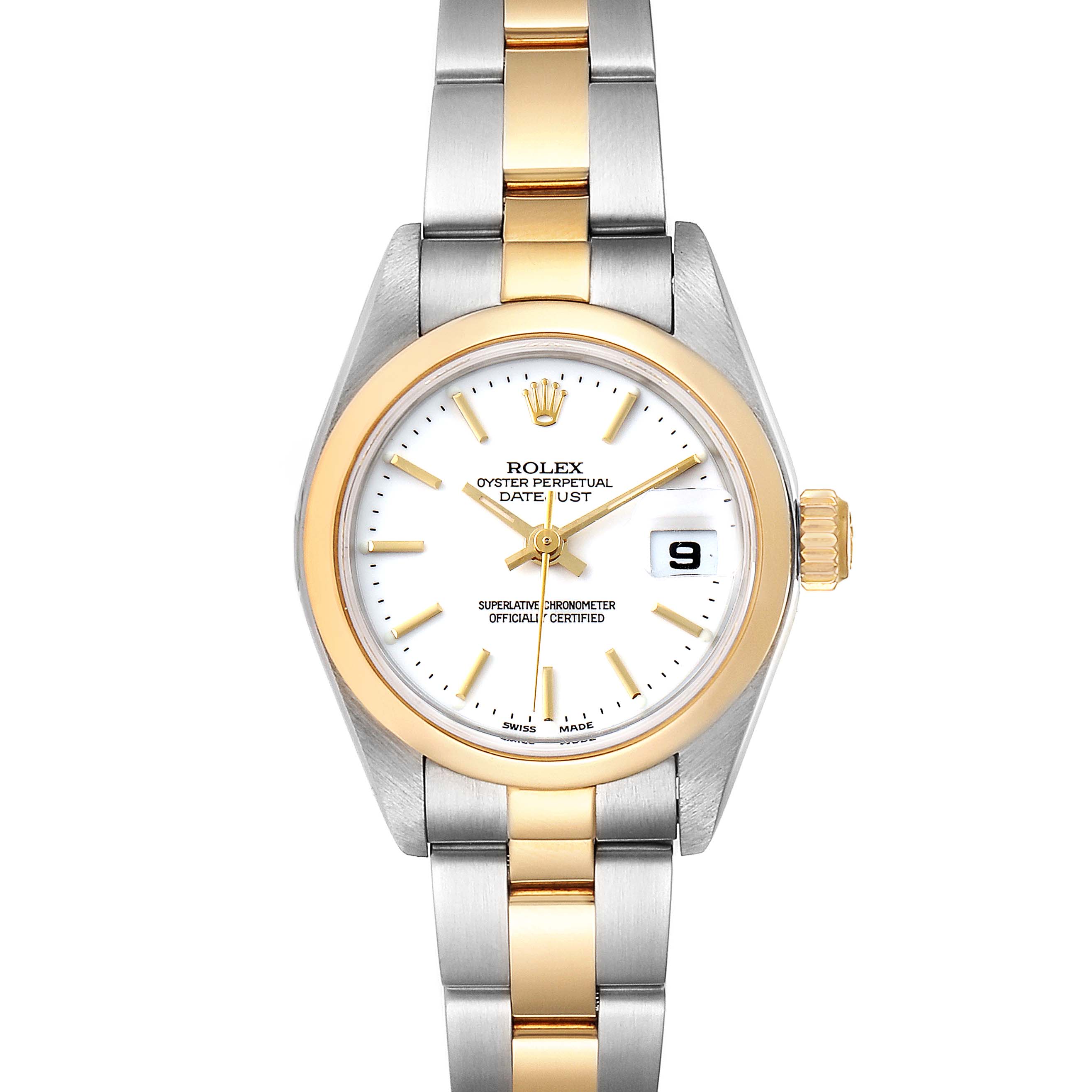 The image shows a front view of a Rolex Datejust 79163 Women's Steel and Gold (two tone) White Dial 79163 Women's Steel and Gold (two tone) White Dial watch, featuring a white dial, gold bezel, and a two-tone metal bracelet.