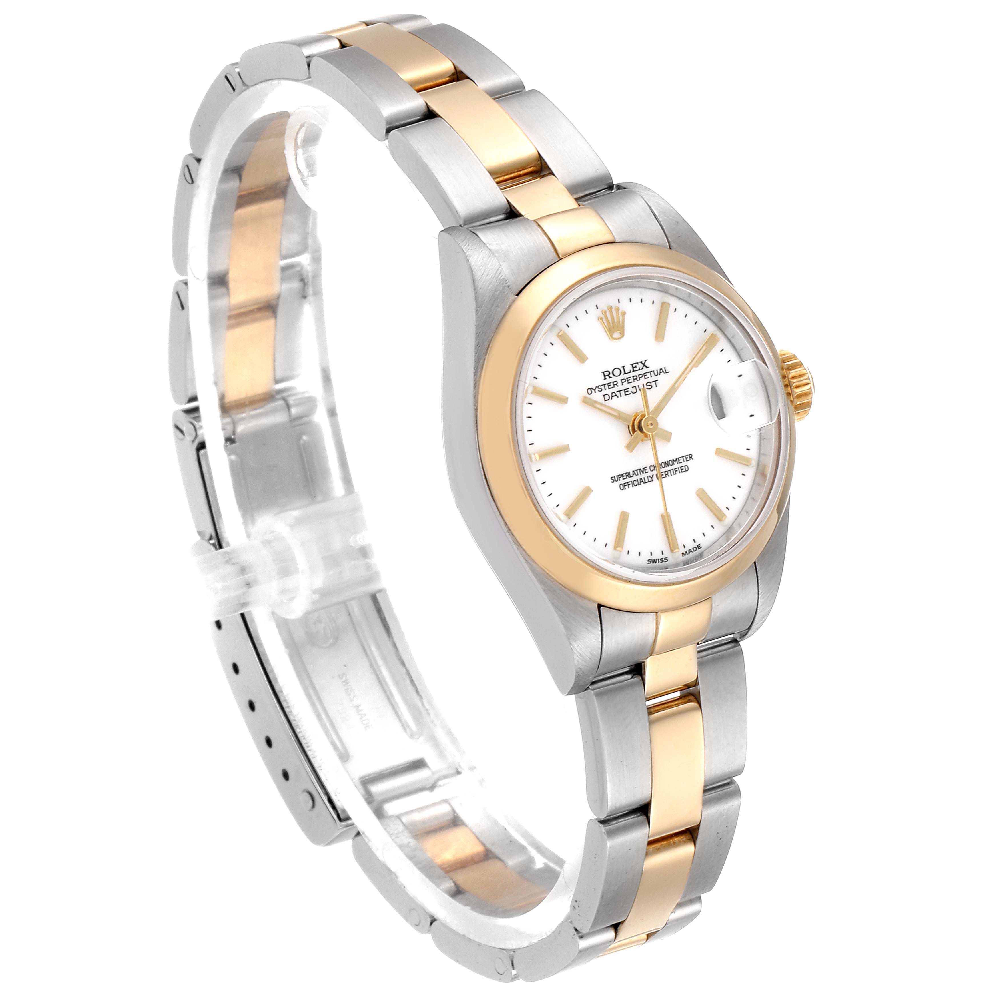 The image shows a Rolex Datejust 79163 Women's Steel and Gold (two tone) White Dial 79163 Women's Steel and Gold (two tone) White Dial watch from a three-quarter angle, highlighting its two-tone bracelet, dial, and bezel.