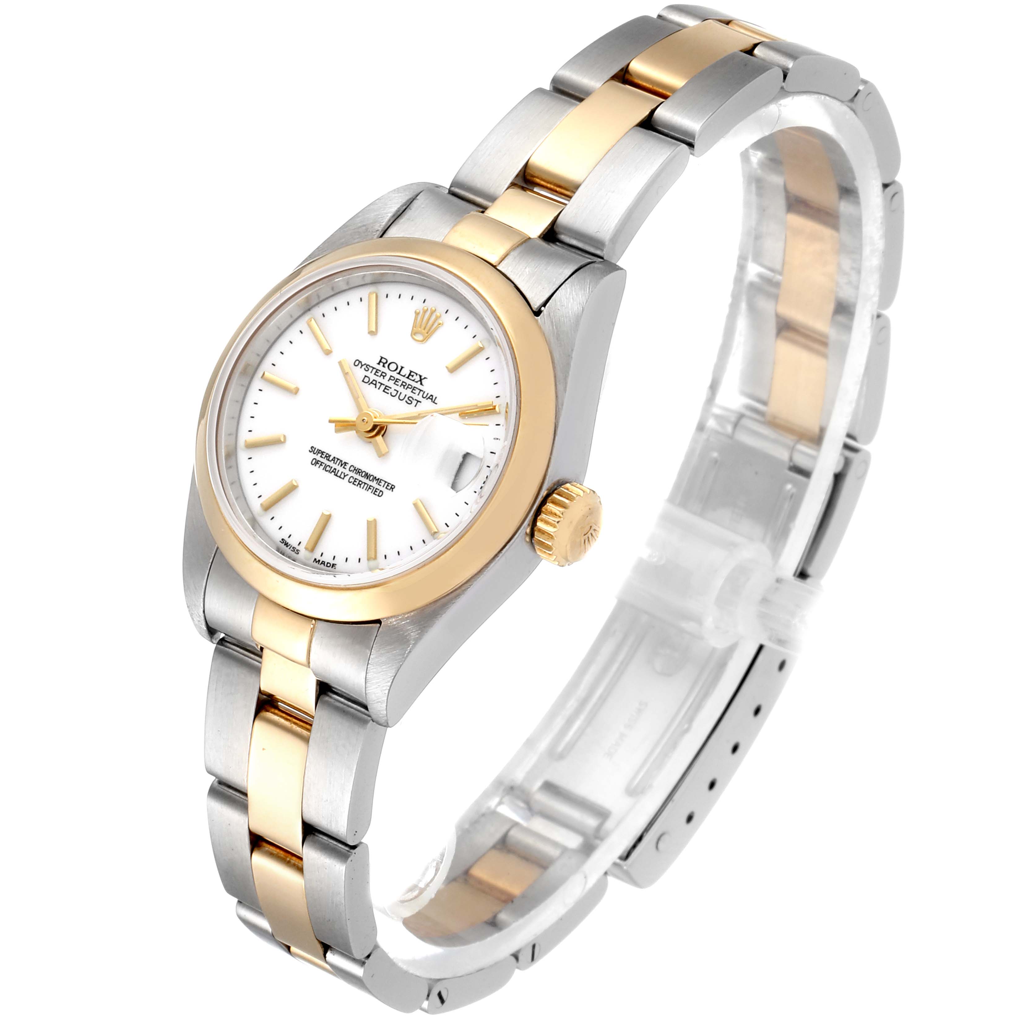 This image shows a Rolex Datejust 79163 Women's Steel and Gold (two tone) White Dial 79163 Women's Steel and Gold (two tone) White Dial watch at a slight angle, featuring the dial, bezel, crown, and two-tone bracelet.