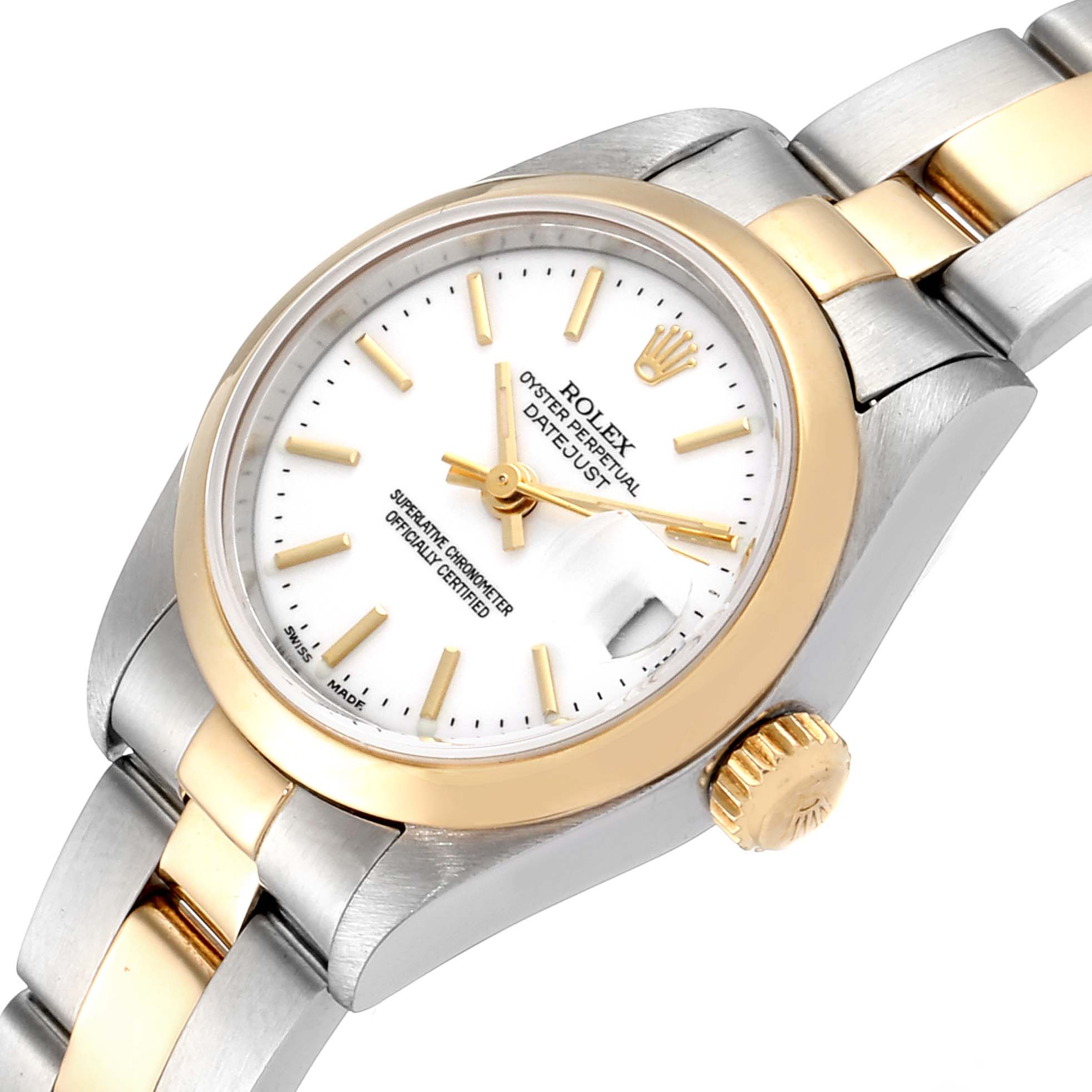 This image shows a Rolex Datejust 79163 Women's Steel and Gold (two tone) White Dial 79163 Women's Steel and Gold (two tone) White Dial watch at an angle highlighting its gold bezel, crown, and two-tone bracelet.