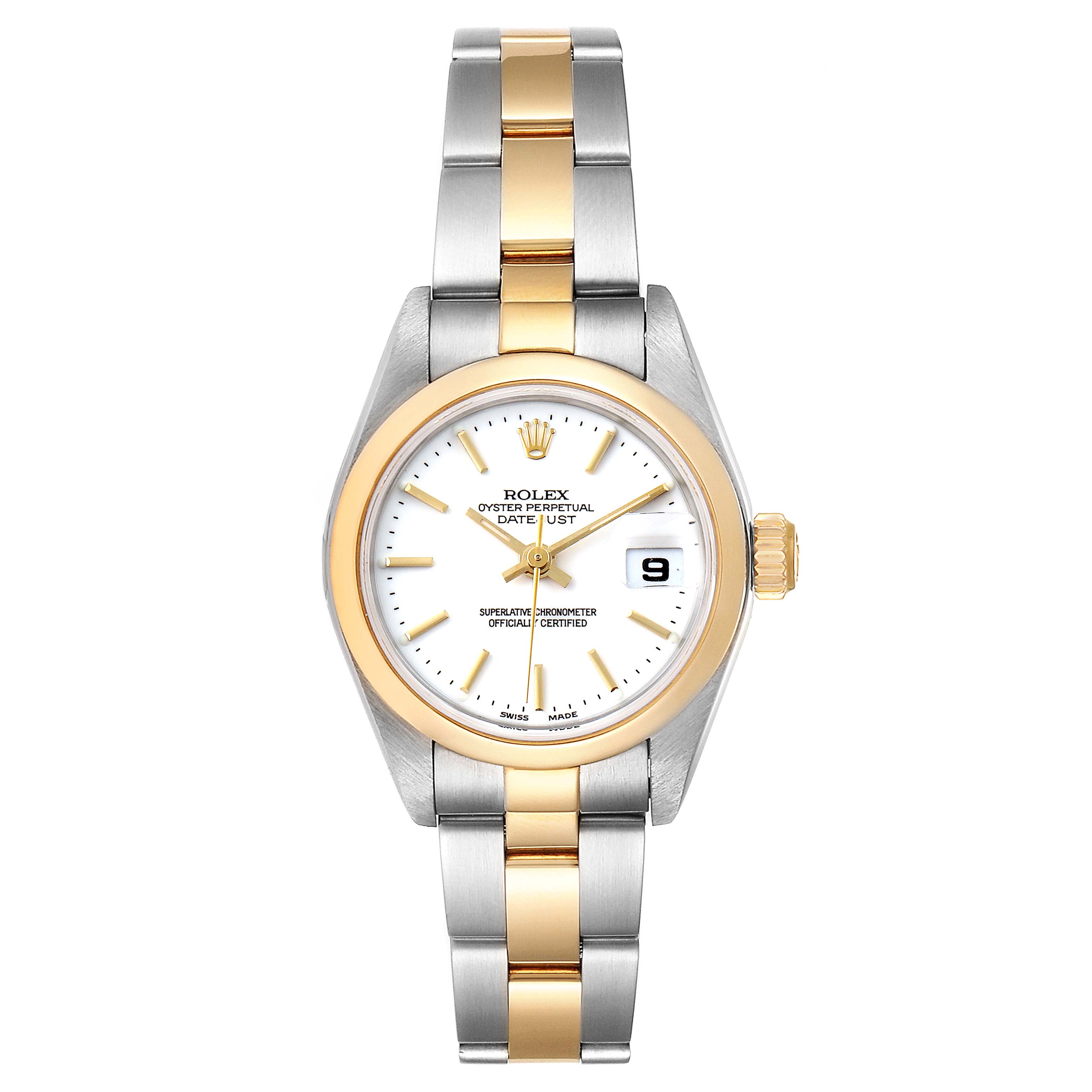 The Rolex Datejust 79163 Women's Steel and Gold (two tone) White Dial 79163 Women's Steel and Gold (two tone) White Dial watch is shown from a top view, highlighting the dial, bezel, and two-tone bracelet.