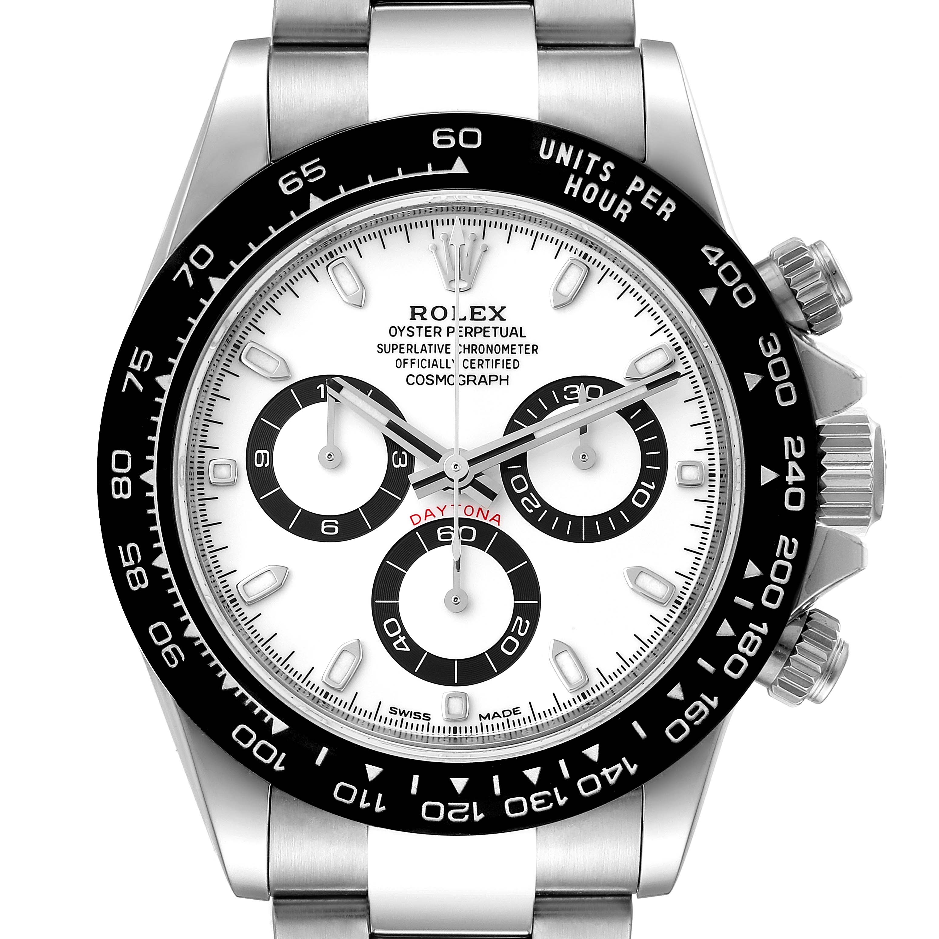 This image shows the front view of a Rolex Daytona 116500 Men's Stainless Steel White Dial 116500 Men's Stainless Steel White Dial watch, featuring its white dial, black bezel, three subdials, and stainless steel band.
