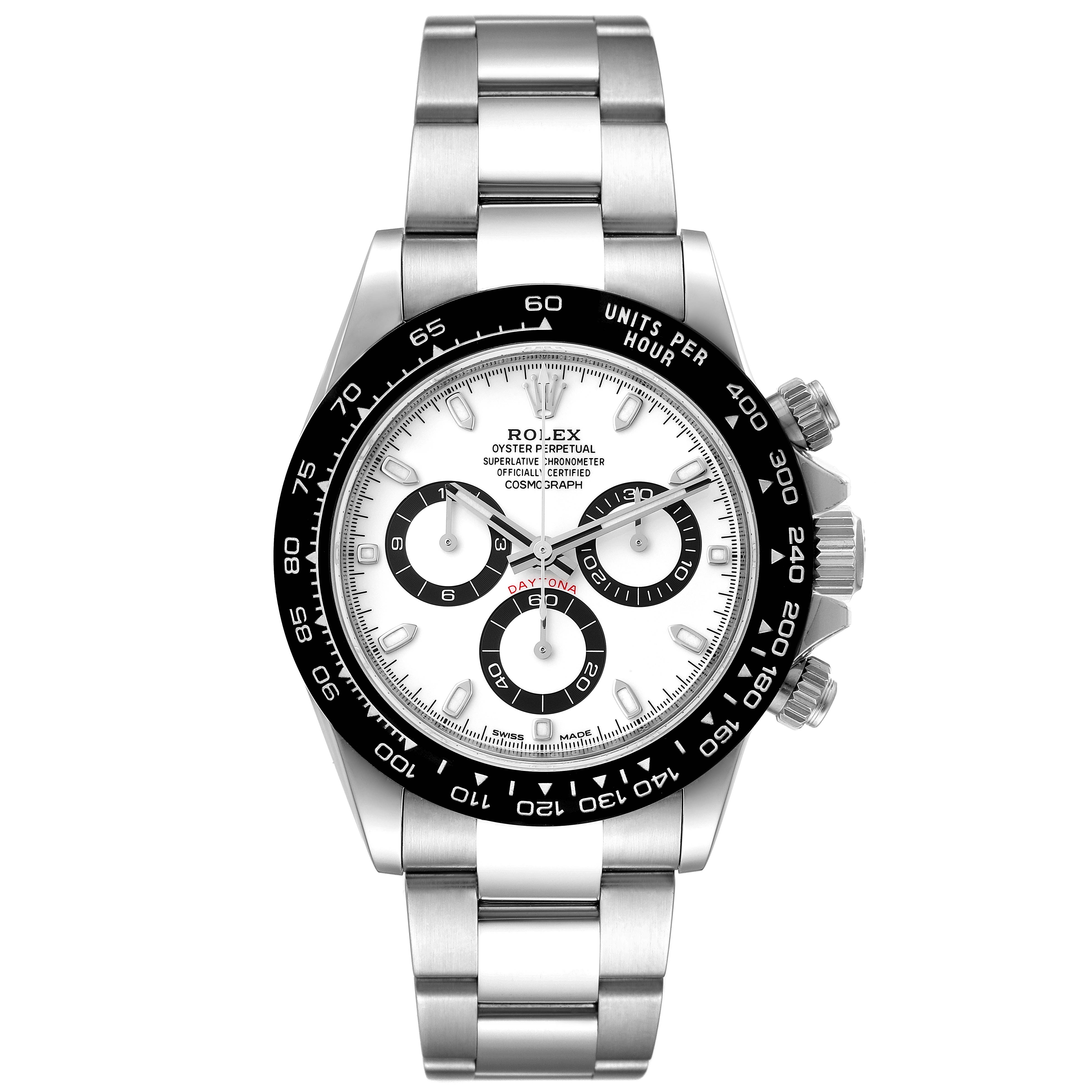 The Rolex Daytona 116500 Men's Stainless Steel White Dial 116500 Men's Stainless Steel White Dial watch is shown from a front angle displaying the face, bezel, dial, hands, and bracelet.