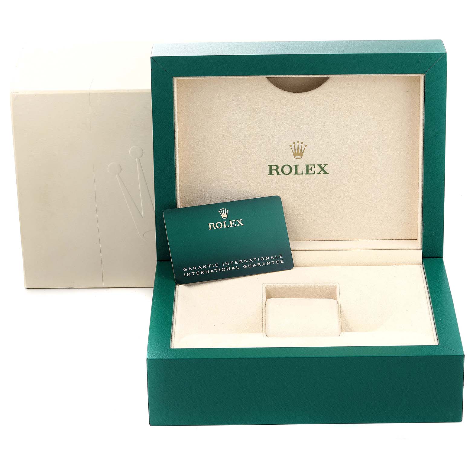 The image shows a green Rolex Daytona 116500 Men's Stainless Steel White Dial 116500 Men's Stainless Steel White Dial watch box and warranty card with the brand's logo.