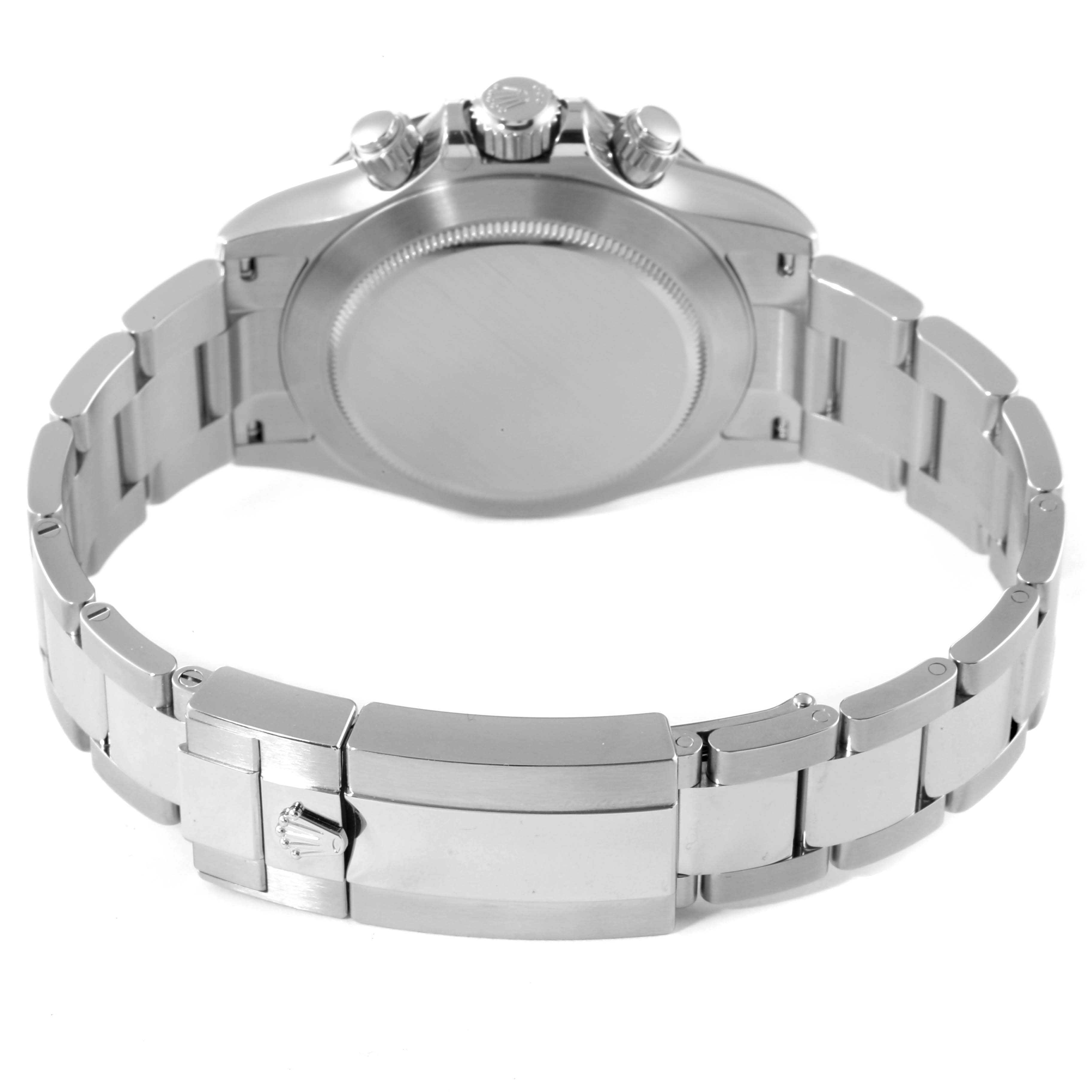 This image shows the back case, bracelet, and clasp of a Rolex Daytona 116500 Men's Stainless Steel White Dial 116500 Men's Stainless Steel White Dial watch.