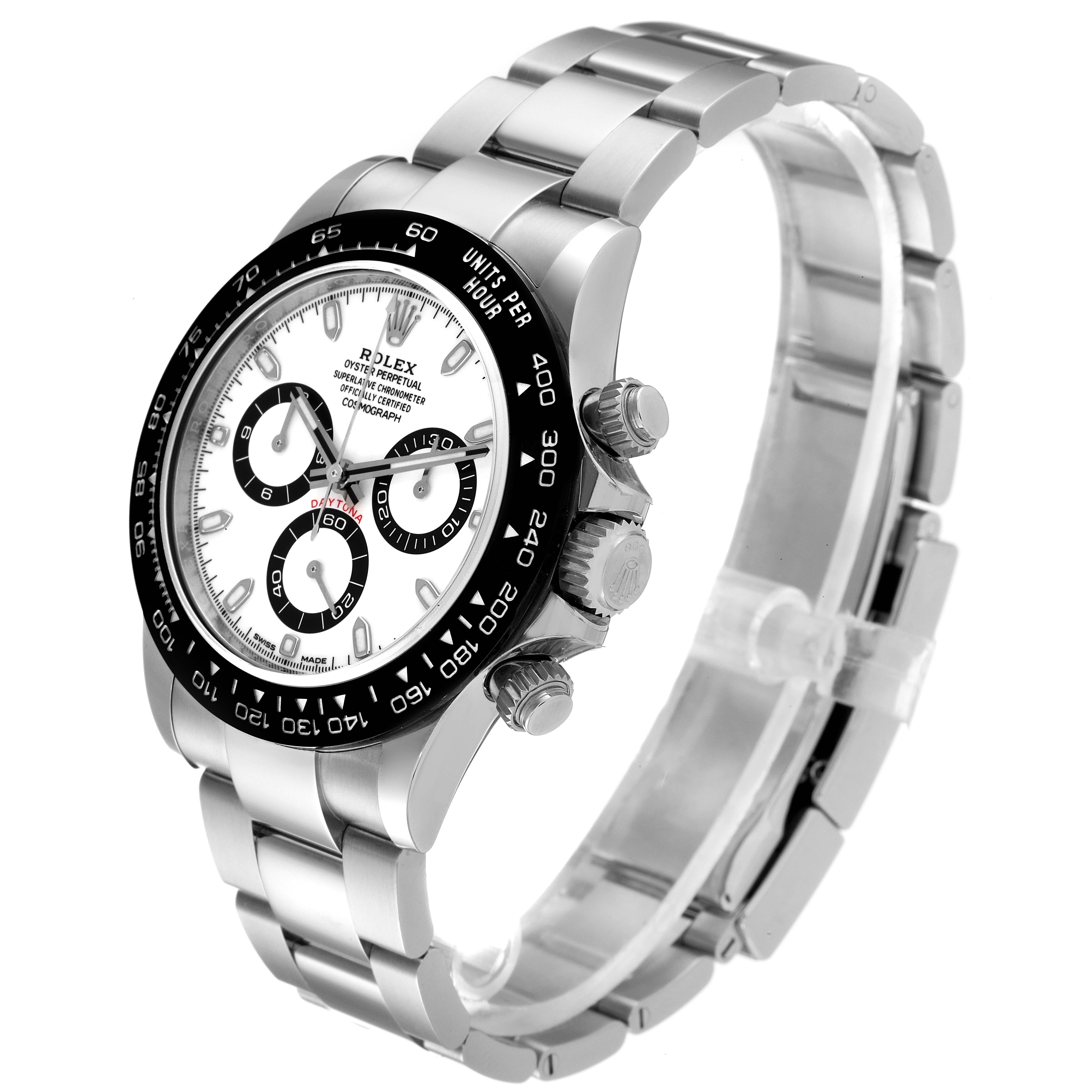 The image shows a Rolex Daytona 116500 Men's Stainless Steel White Dial 116500 Men's Stainless Steel White Dial watch at a three-quarter angle, highlighting the bracelet, bezel, and chronograph dials.