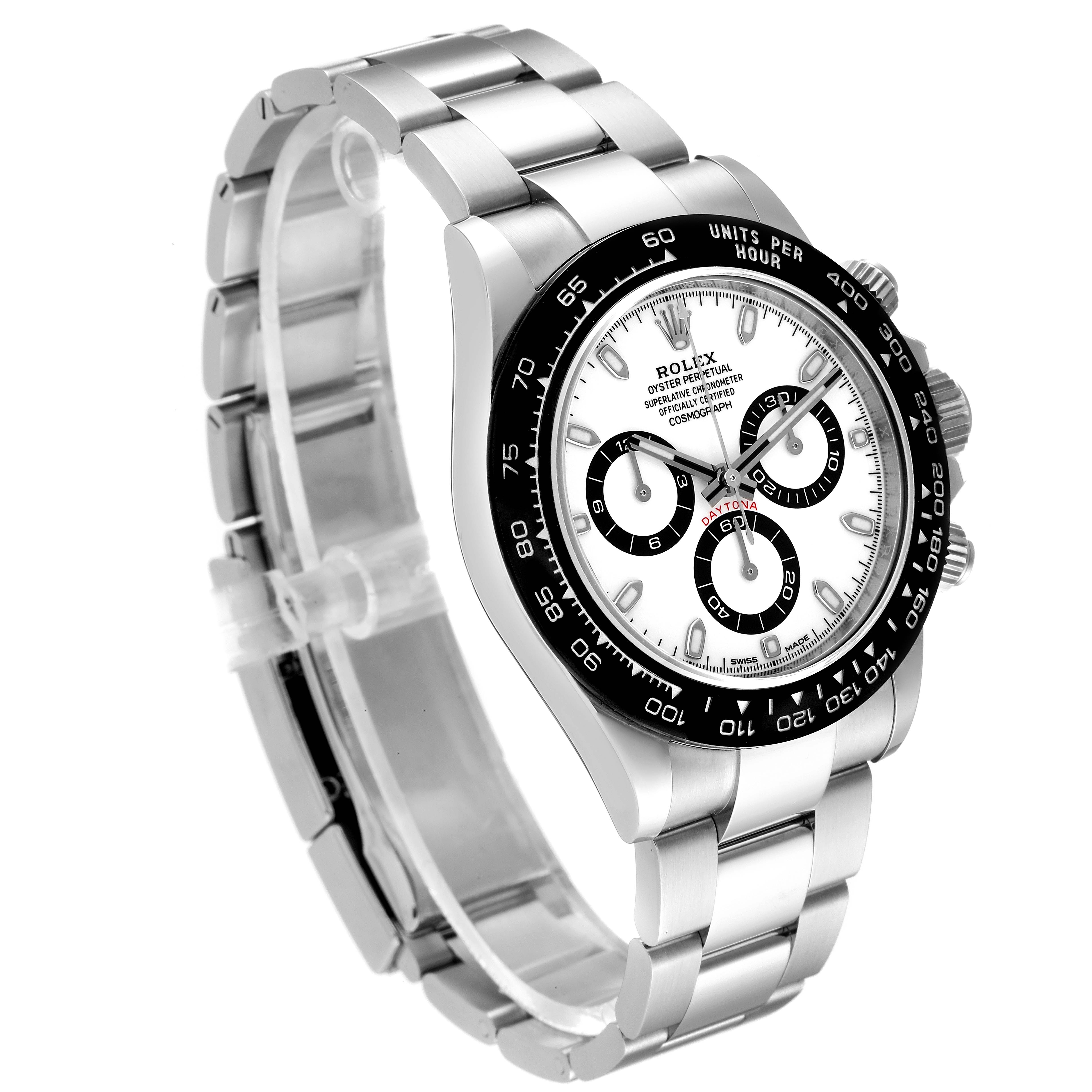 The image shows a Rolex Daytona 116500 Men's Stainless Steel White Dial 116500 Men's Stainless Steel White Dial watch from an angled side view, highlighting the bracelet, bezel, and dial.