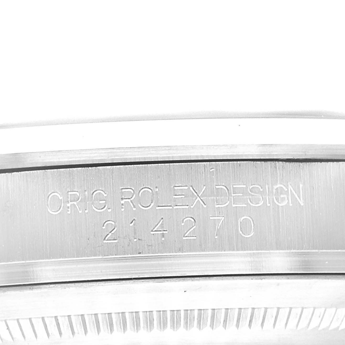 The image shows a close-up of the case side of the Rolex Explorer 214270 Men's Stainless Steel Black Dial 214270 Men's Stainless Steel Black Dial watch, highlighting the engraving with the model number 214270.