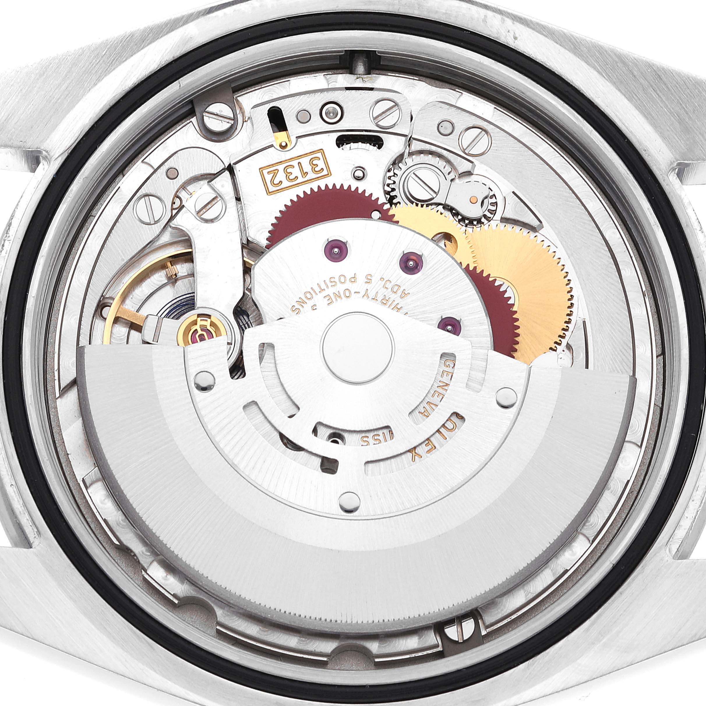 This image shows the internal mechanical movement of a Rolex Explorer 214270 Men's Stainless Steel Black Dial 214270 Men's Stainless Steel Black Dial watch from the back angle, revealing gears and components.