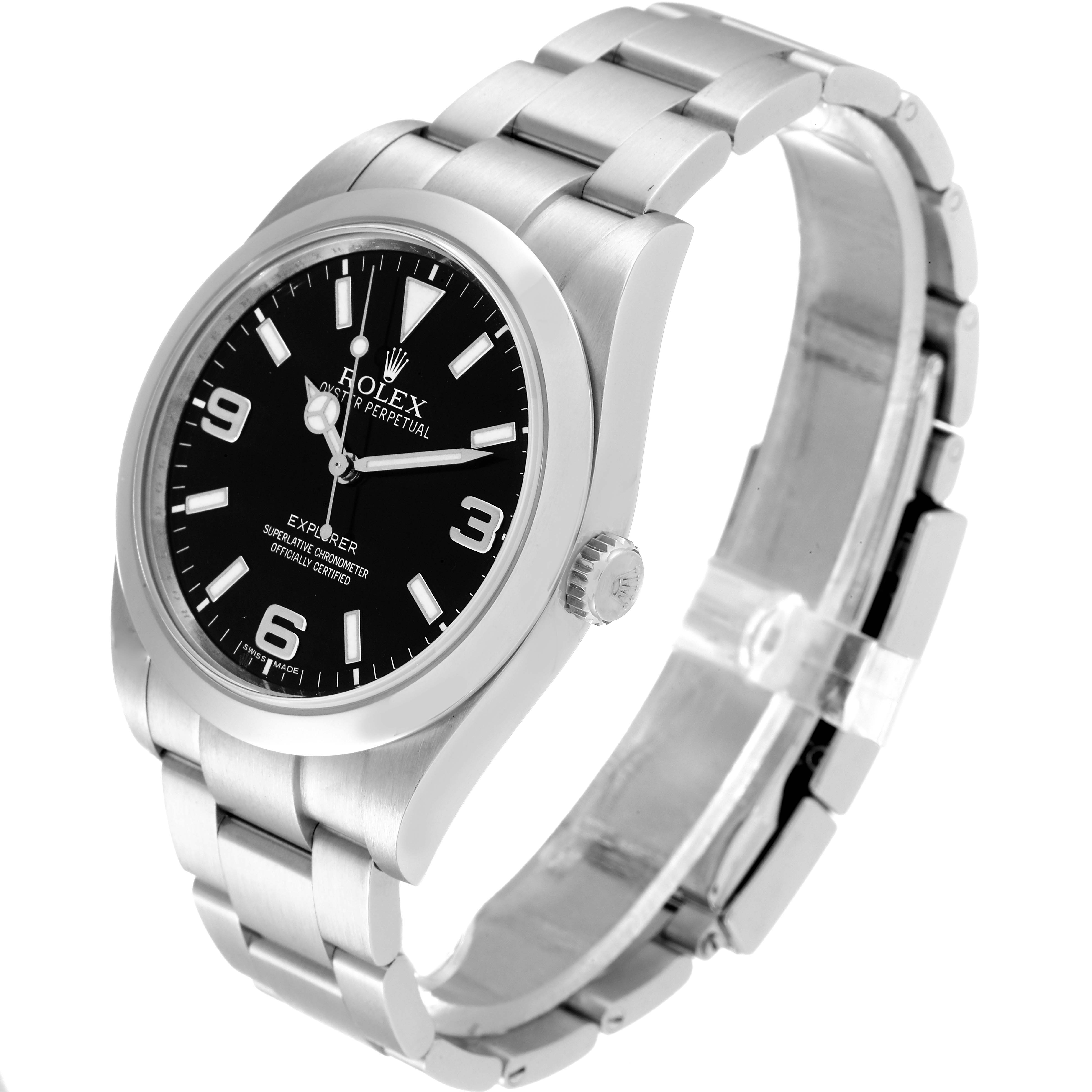 The Rolex Explorer 214270 Men's Stainless Steel Black Dial 214270 Men's Stainless Steel Black Dial watch is shown at an angled view, highlighting the black dial, bezel, bracelet, and crown.