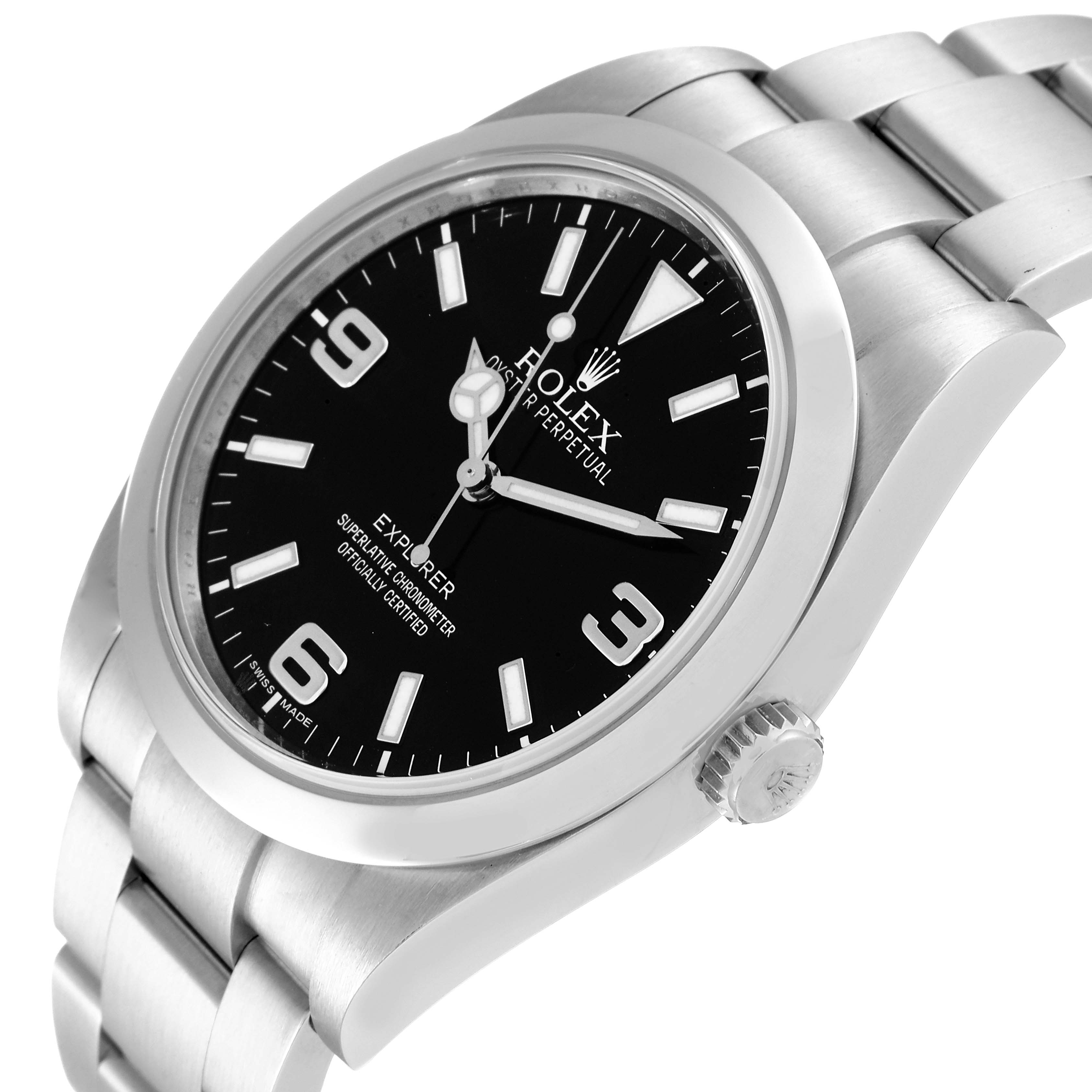 The Rolex Explorer 214270 Men's Stainless Steel Black Dial 214270 Men's Stainless Steel Black Dial watch is shown at a slight angle, featuring the dial, case, crown, and part of the bracelet.