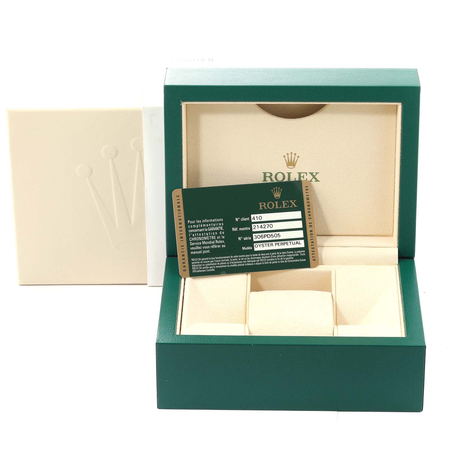 The image shows an open Rolex Explorer 214270 Men's Stainless Steel Black Dial 214270 Men's Stainless Steel Black Dial watch box with a Rolex warranty card placed inside.