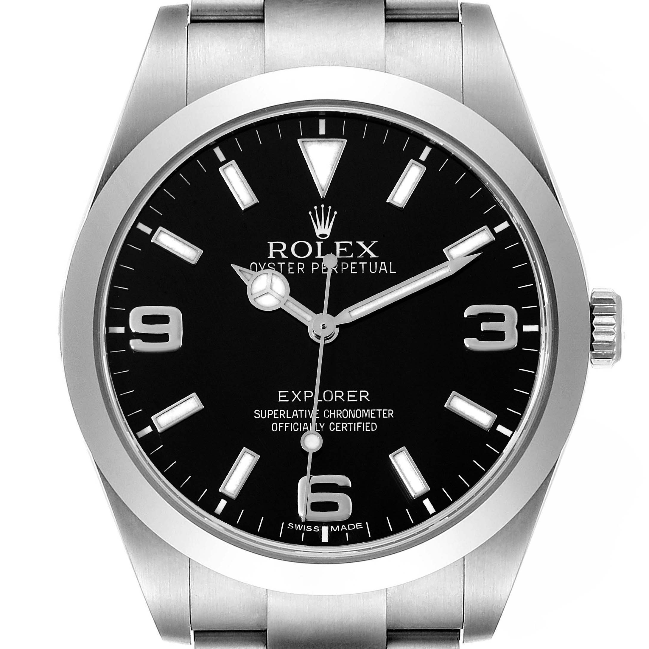 The image shows a frontal view of the Rolex Explorer 214270 Men's Stainless Steel Black Dial 214270 Men's Stainless Steel Black Dial watch, highlighting the dial, hands, and part of the band.