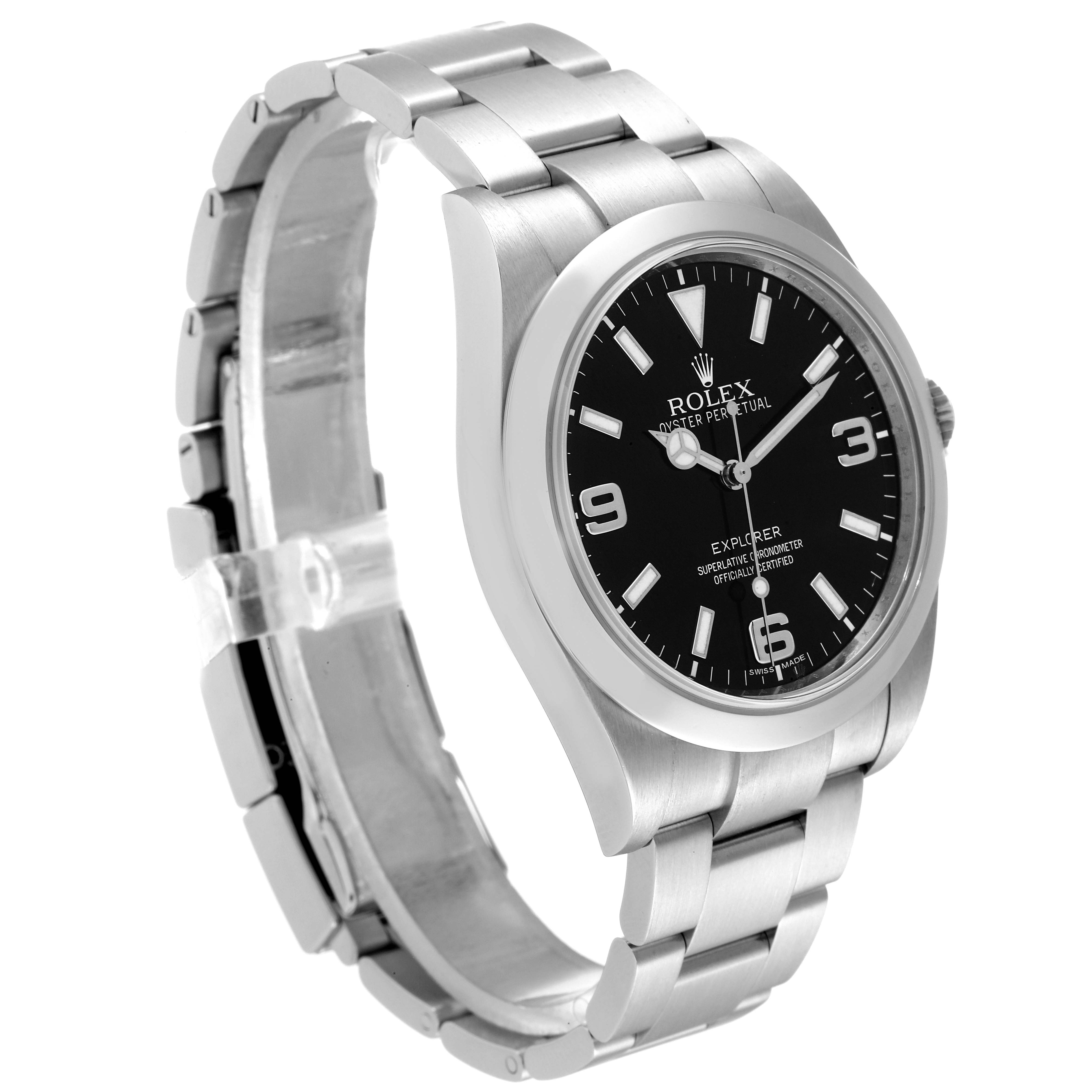The image shows a side angle of a Rolex Explorer 214270 Men's Stainless Steel Black Dial 214270 Men's Stainless Steel Black Dial watch, displaying its face, bezel, and metal bracelet.