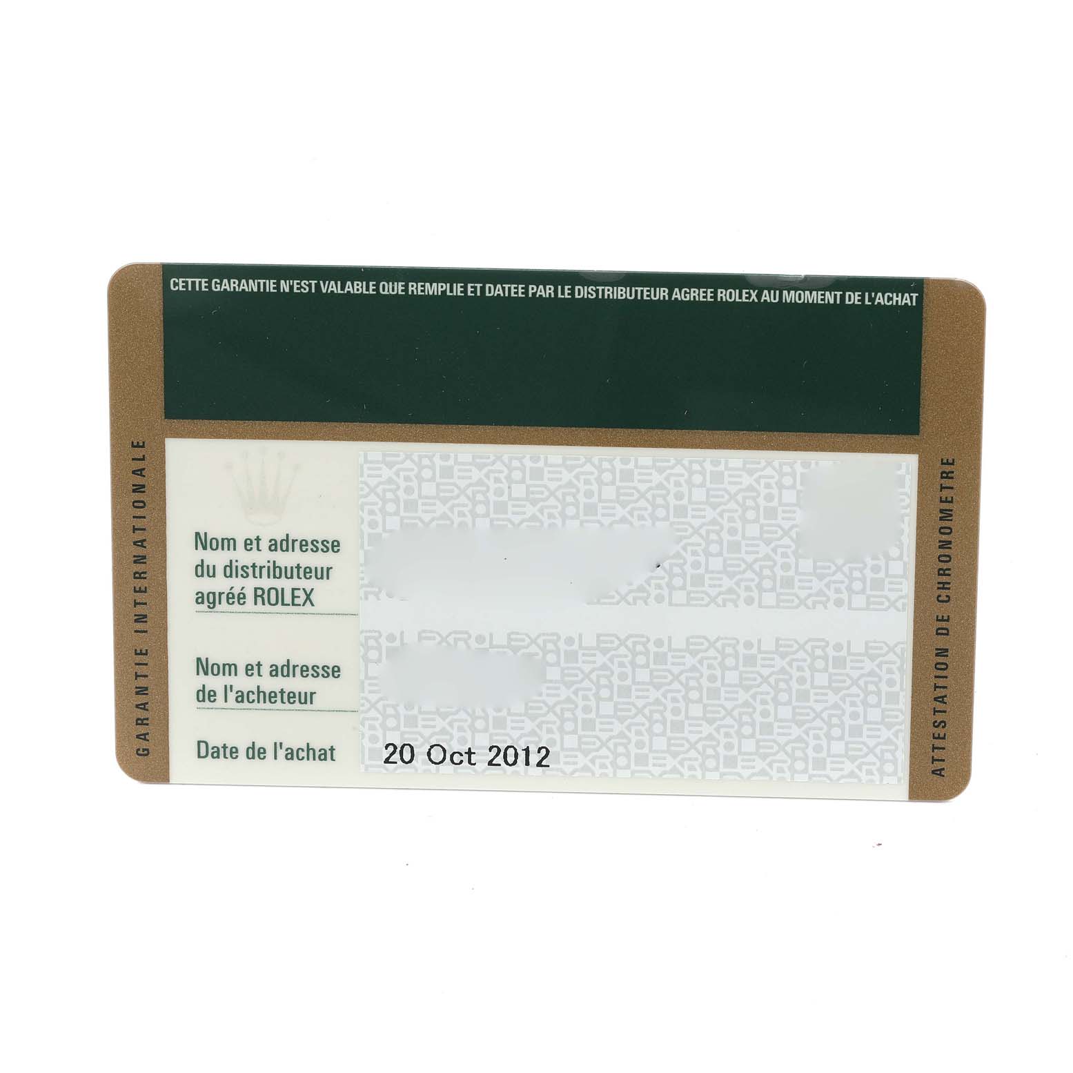 The image shows the warranty card for the Rolex Explorer 214270 Men's Stainless Steel Black Dial 214270 Men's Stainless Steel Black Dial watch, featuring purchase details and dealer information.