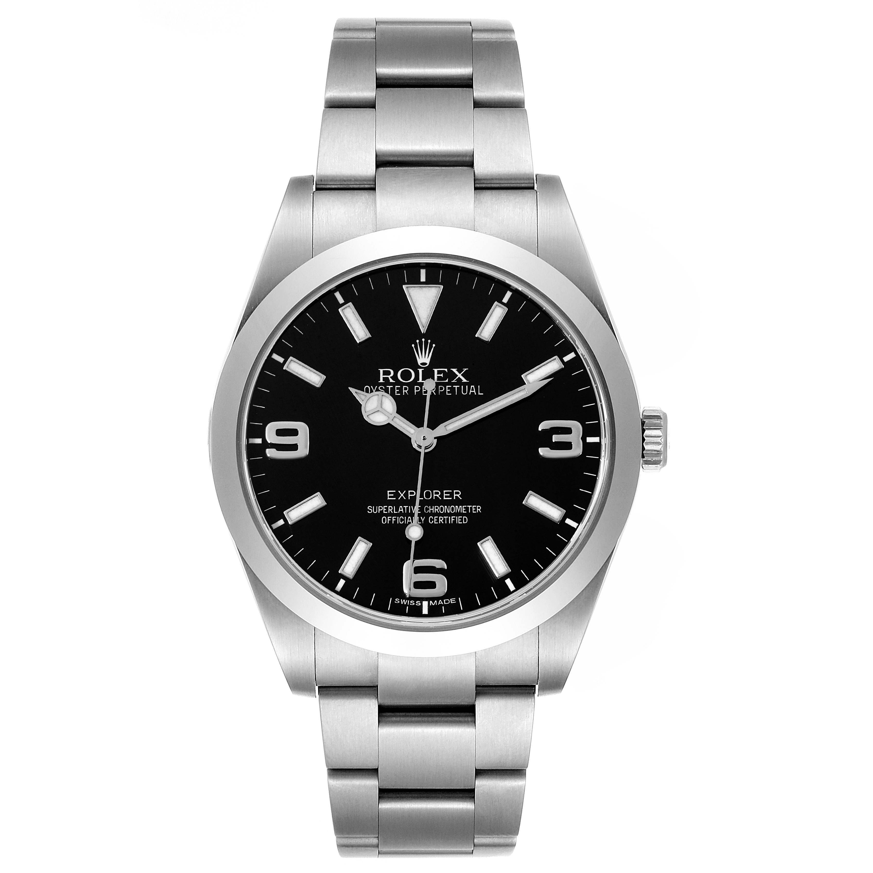 The image shows a front view of a Rolex Explorer 214270 Men's Stainless Steel Black Dial 214270 Men's Stainless Steel Black Dial watch, with a black dial, silver indices, and a stainless steel bracelet.