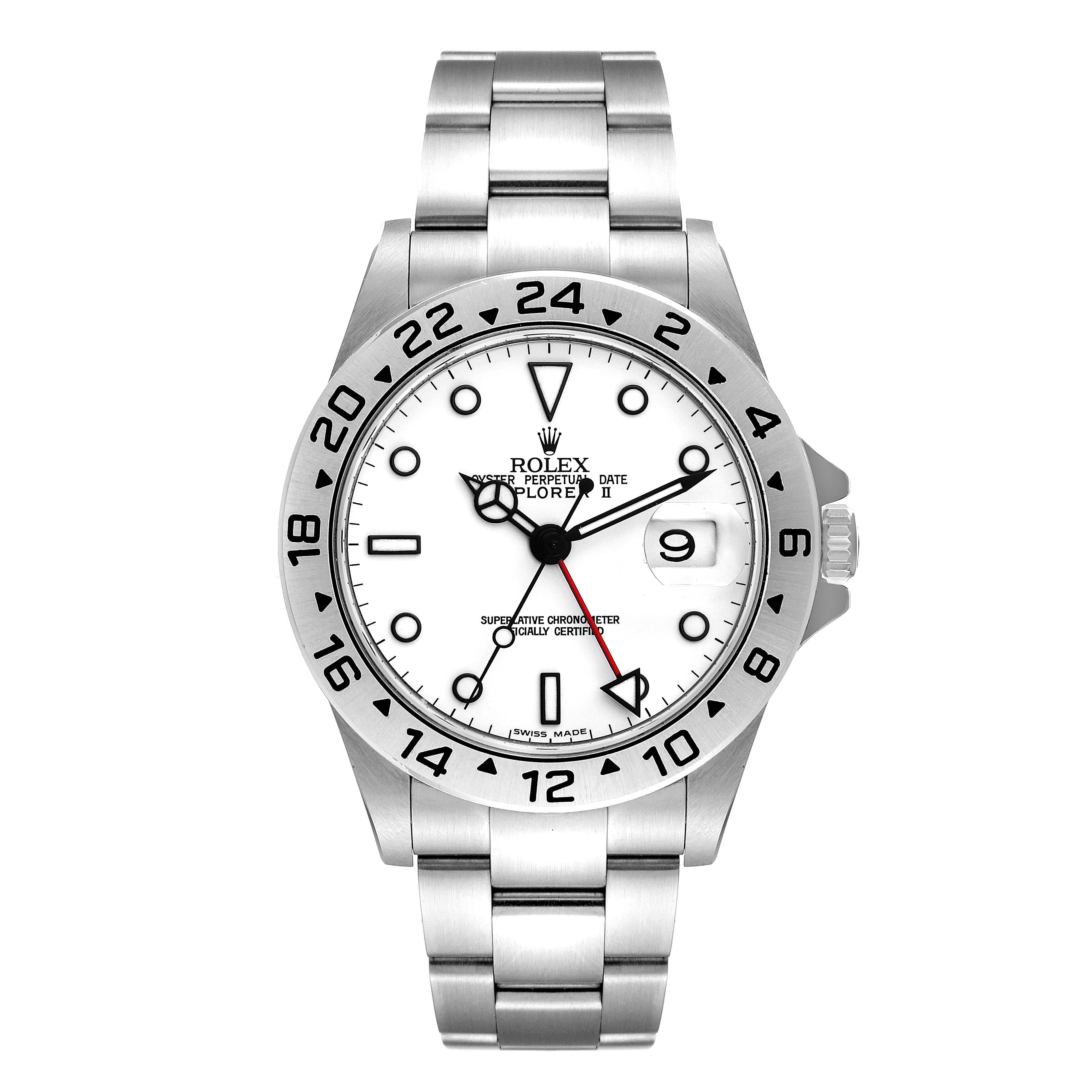 The image shows a front view of the Rolex Explorer 16570 Men
s Stainless Steel White Dial 16570 Men
s Stainless Steel White Dial watch, including the face, bezel, and bracelet.