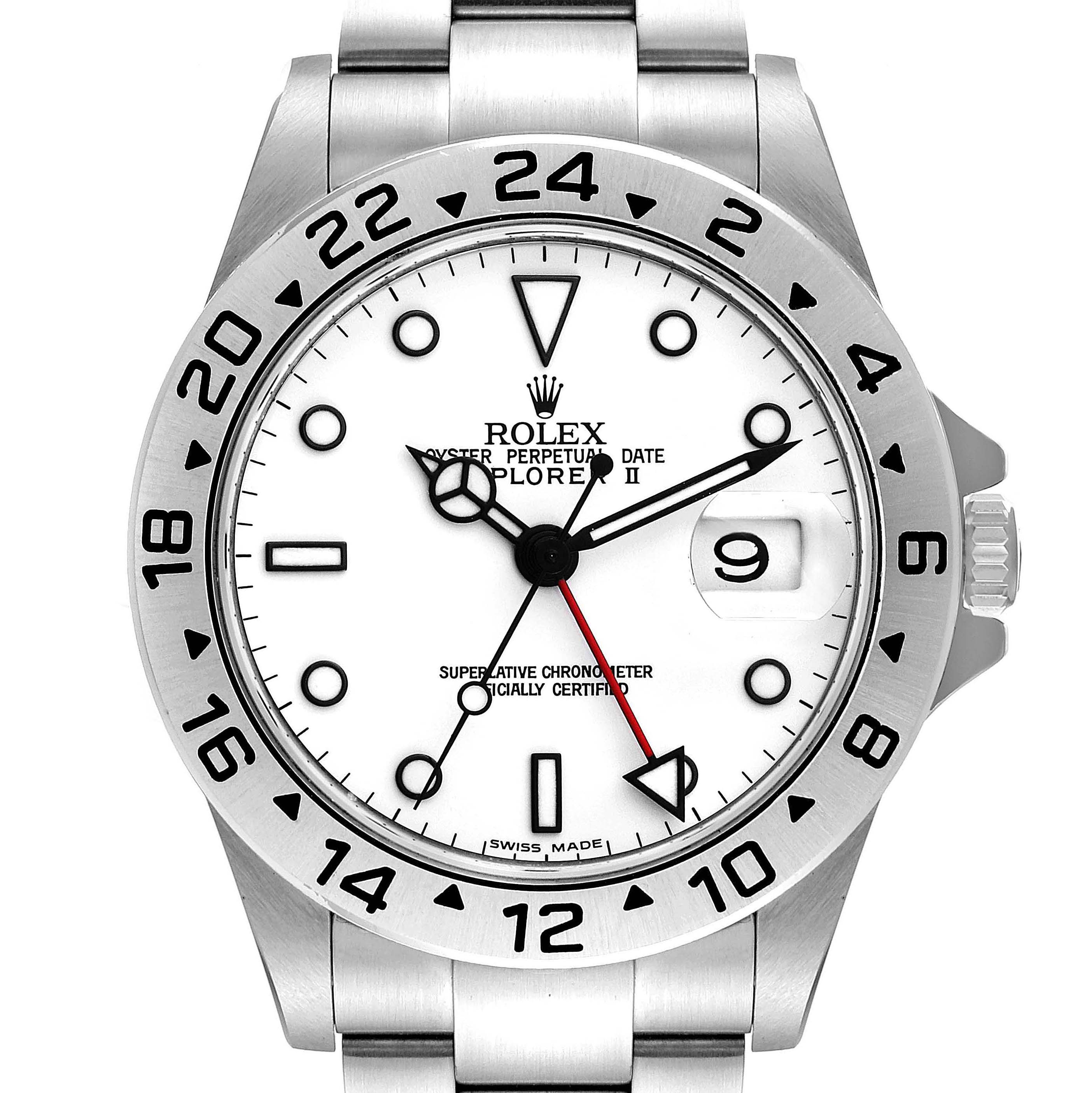 The image shows a front view of the Rolex Explorer 16570 Men
s Stainless Steel White Dial 16570 Men
s Stainless Steel White Dial watch, displaying its bezel, dial, hands, and date function.