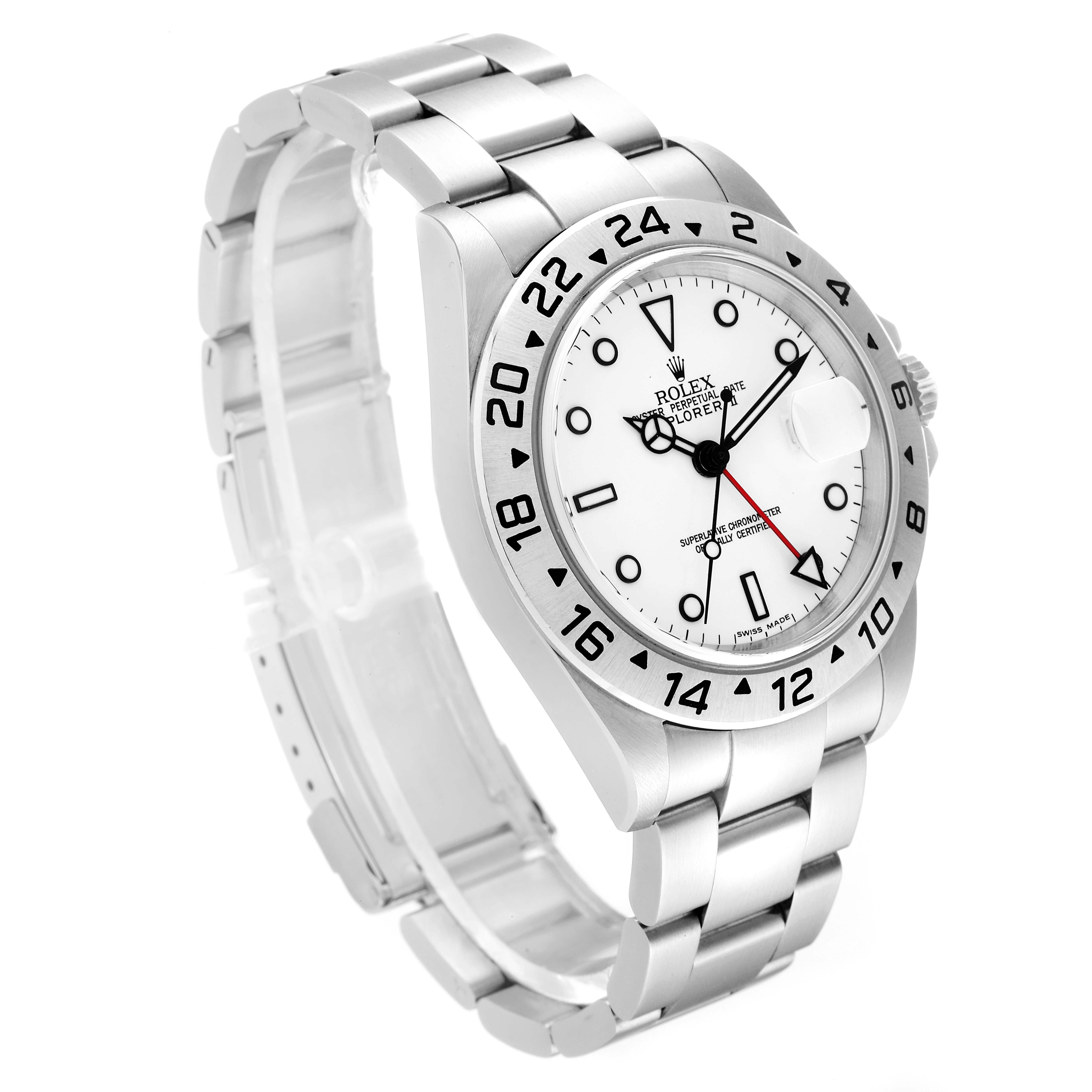 The image shows a Rolex Explorer 16570 Men
s Stainless Steel White Dial 16570 Men
s Stainless Steel White Dial model watch at a three-quarter angle, highlighting the dial, bezel, crown, and bracelet.