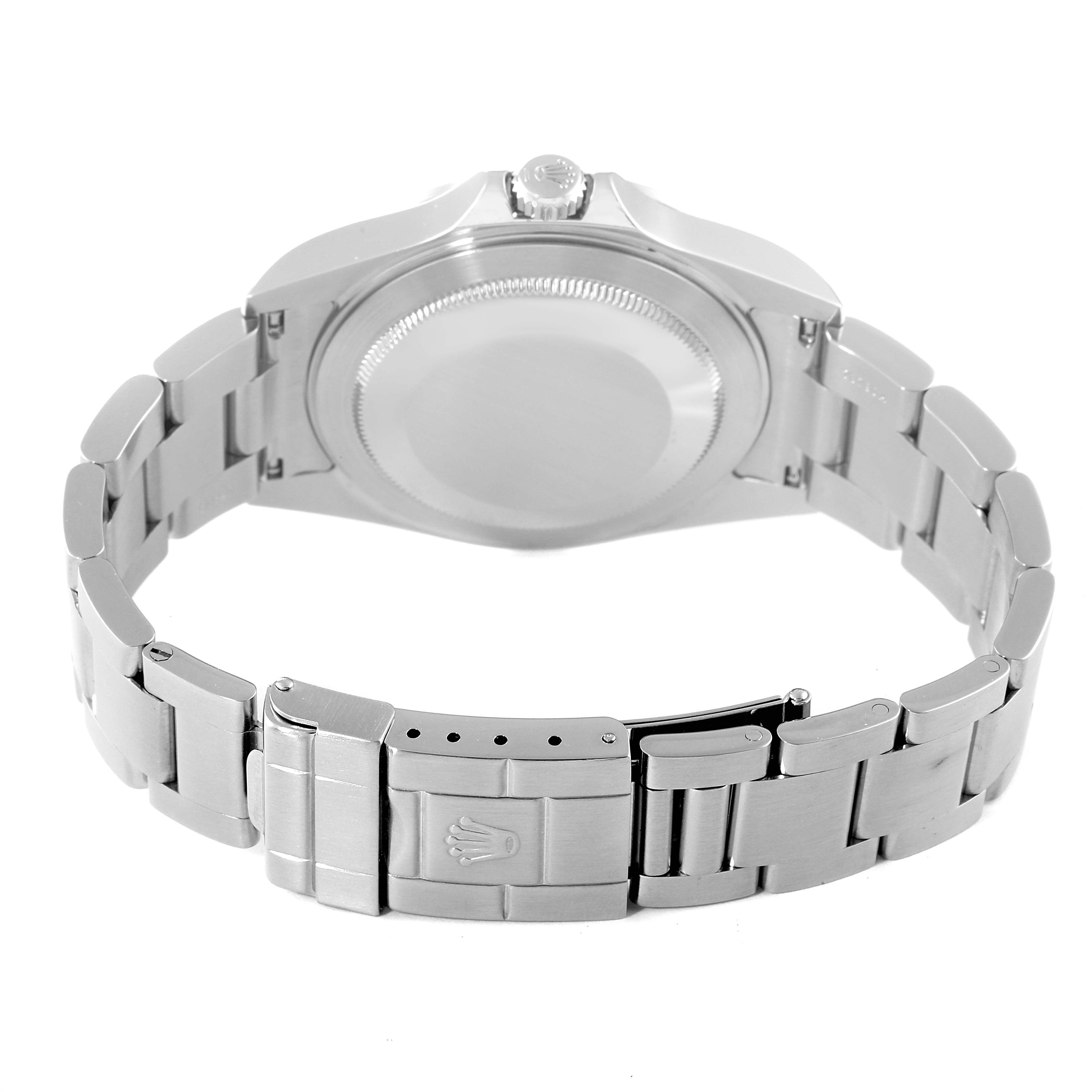 The image shows the backside of the Rolex Explorer 16570 Men
s Stainless Steel White Dial 16570 Men
s Stainless Steel White Dial watch, prominently featuring the bracelet and clasp.