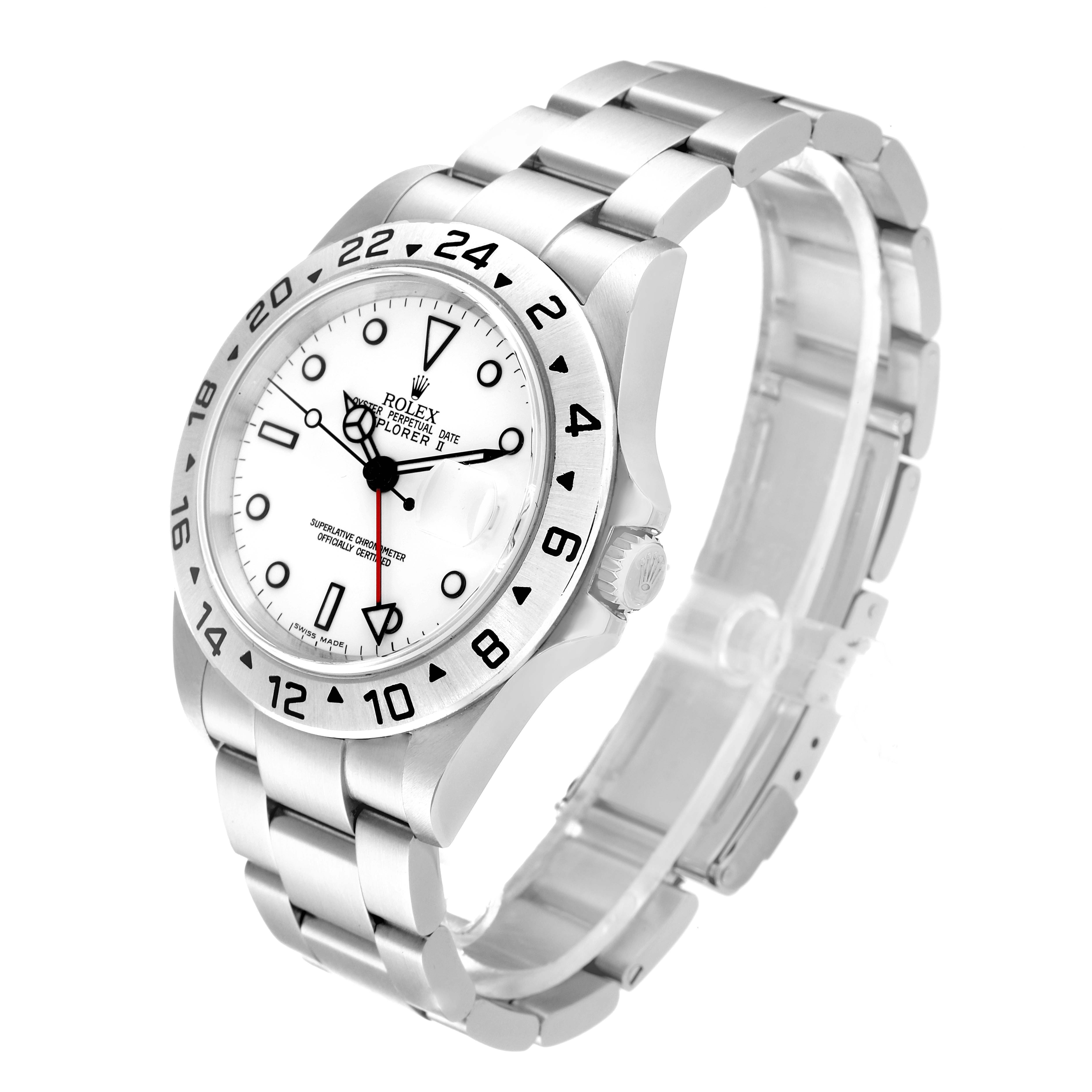 The image shows a Rolex Explorer 16570 Men
s Stainless Steel White Dial 16570 Men
s Stainless Steel White Dial watch at a slight angle highlighting its dial, bezel, and bracelet.