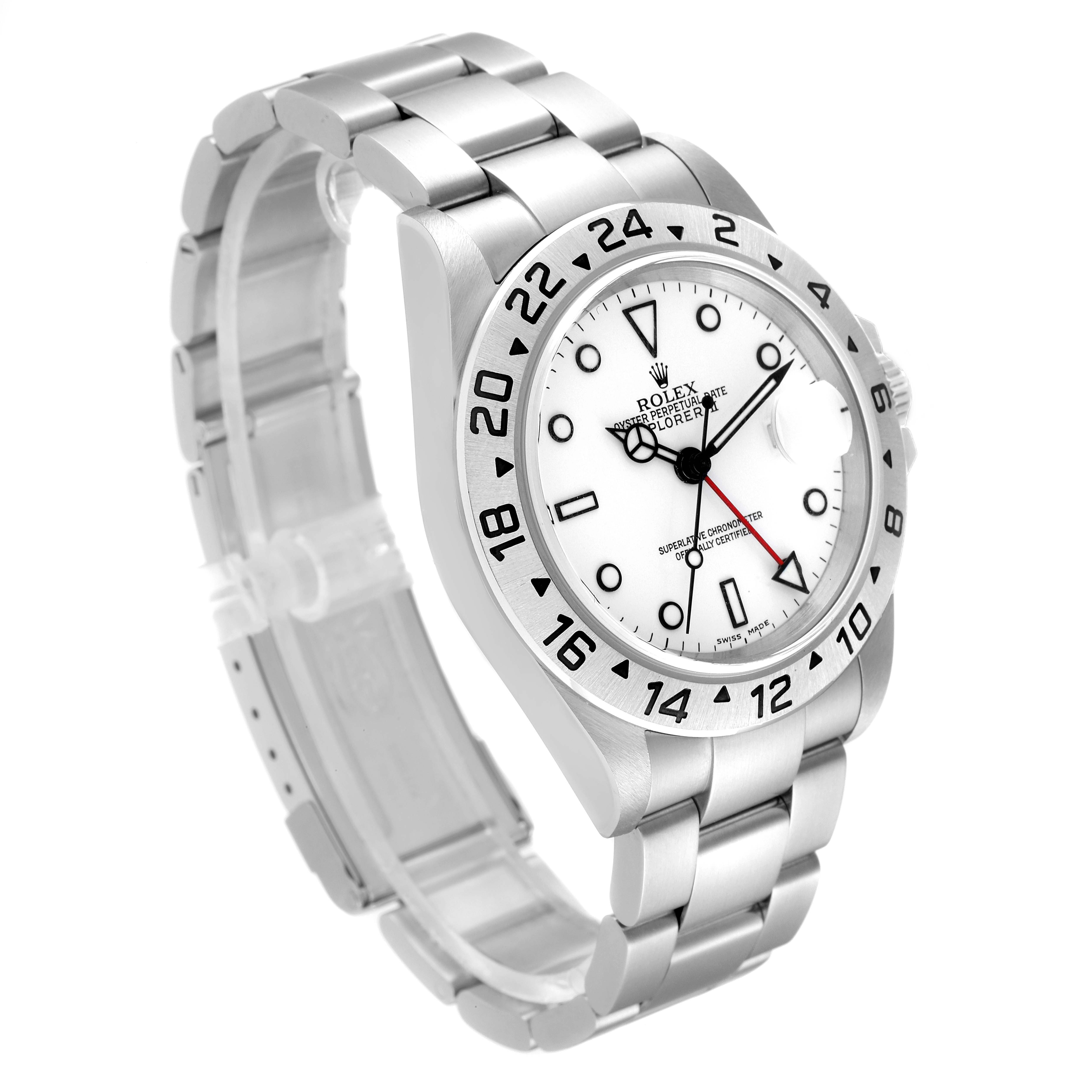 This image showcases a Rolex Explorer 16570 Men
s Stainless Steel White Dial 16570 Men
s Stainless Steel White Dial watch at an angled view, highlighting the bezel, dial, and bracelet.