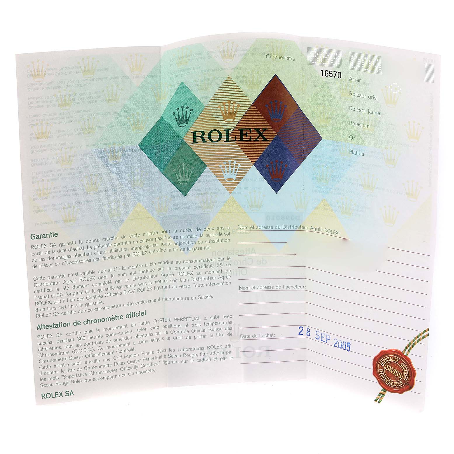 The image shows a warranty booklet for a Rolex Explorer 16570 Men
s Stainless Steel White Dial 16570 Men
s Stainless Steel White Dial model, featuring the brand
s logo and guarantee information.