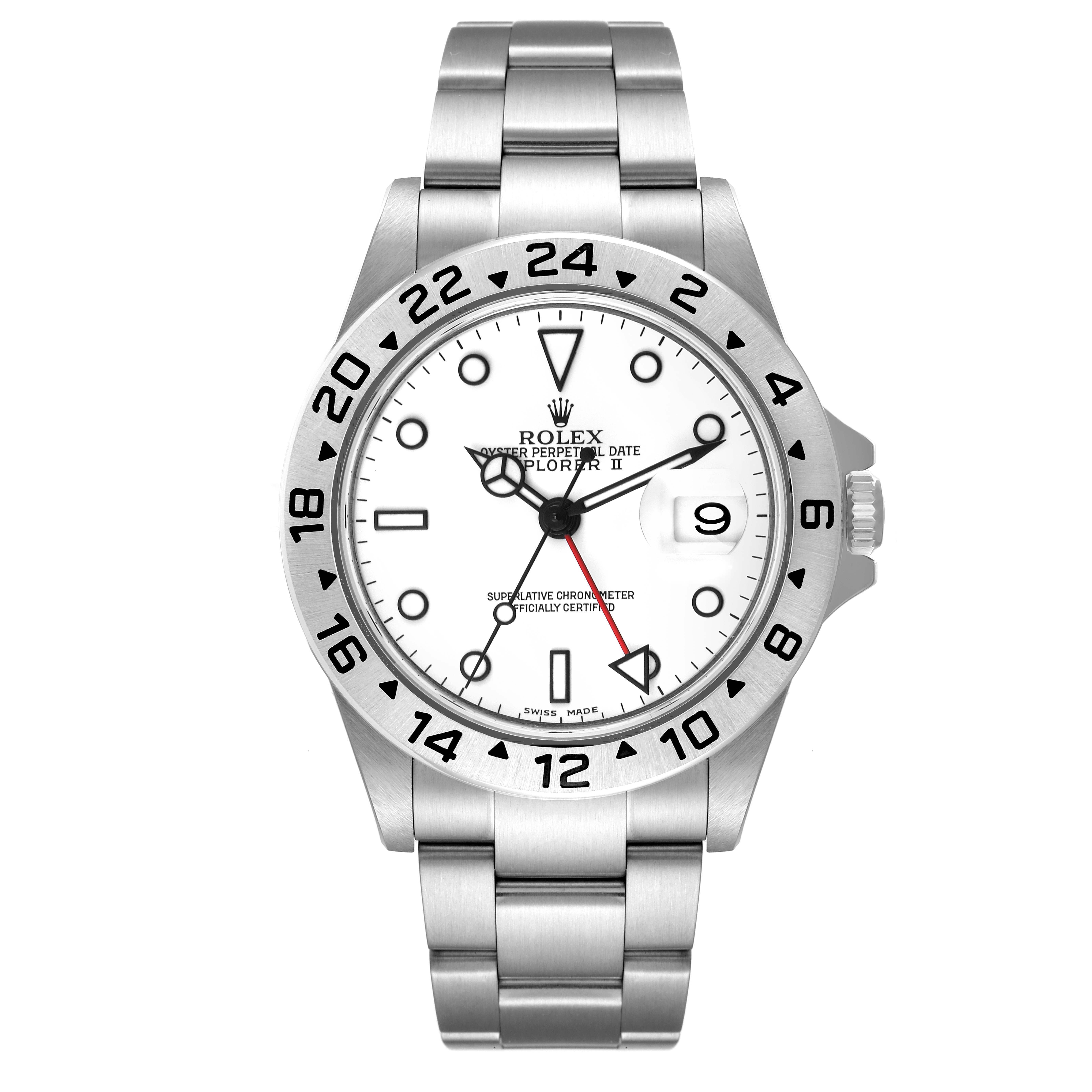 The image shows the front view of a Rolex Explorer 16570 Men
s Stainless Steel White Dial 16570 Men
s Stainless Steel White Dial watch, featuring its dial, bezel, hands, and bracelet.