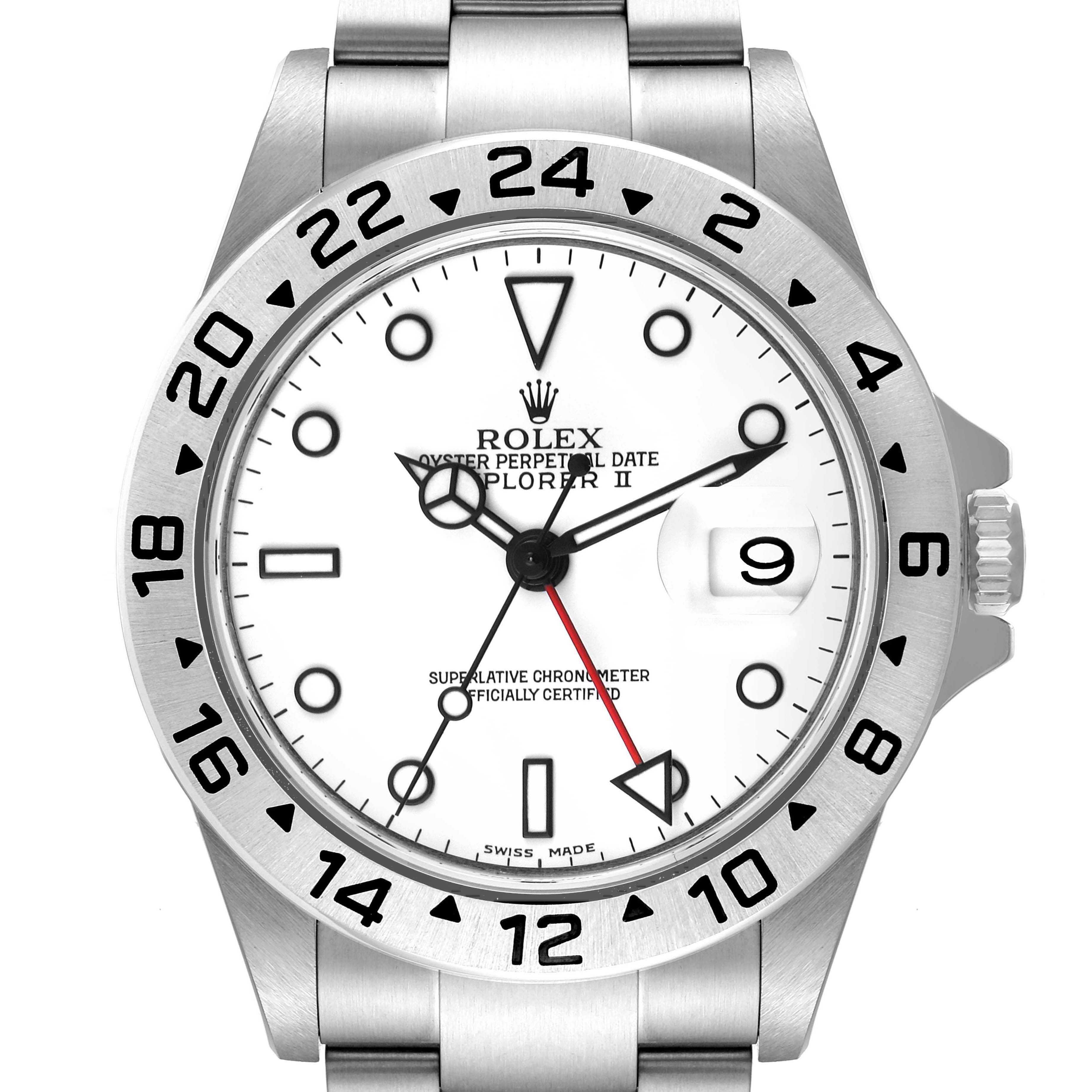 The image shows a front view of a Rolex Explorer 16570 Men
s Stainless Steel White Dial 16570 Men
s Stainless Steel White Dial watch with a white dial, date display, and stainless steel bracelet.