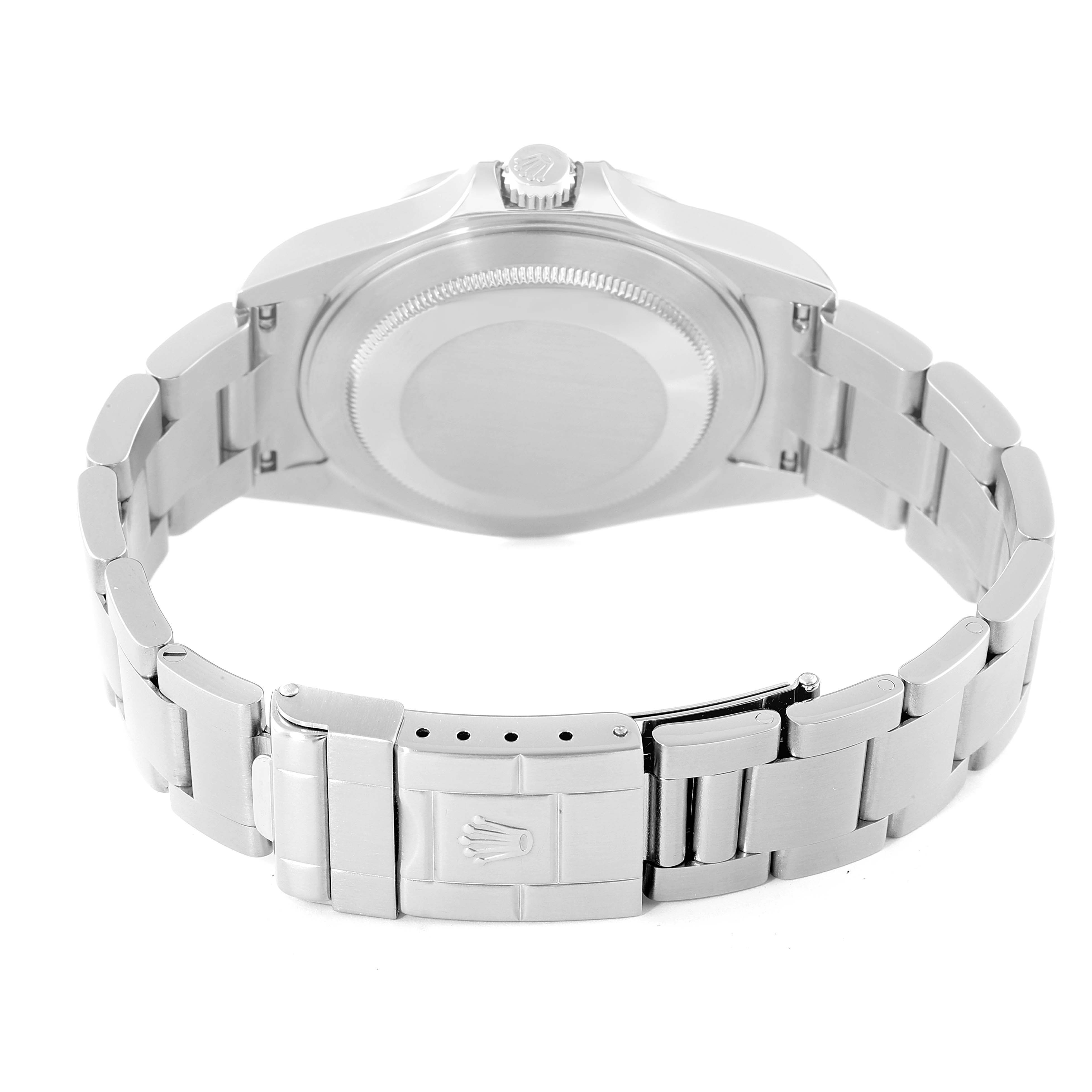 The image shows a rear view of the Rolex Explorer 16570 Men
s Stainless Steel White Dial 16570 Men
s Stainless Steel White Dial watch, highlighting its case back, bracelet links, and clasp.