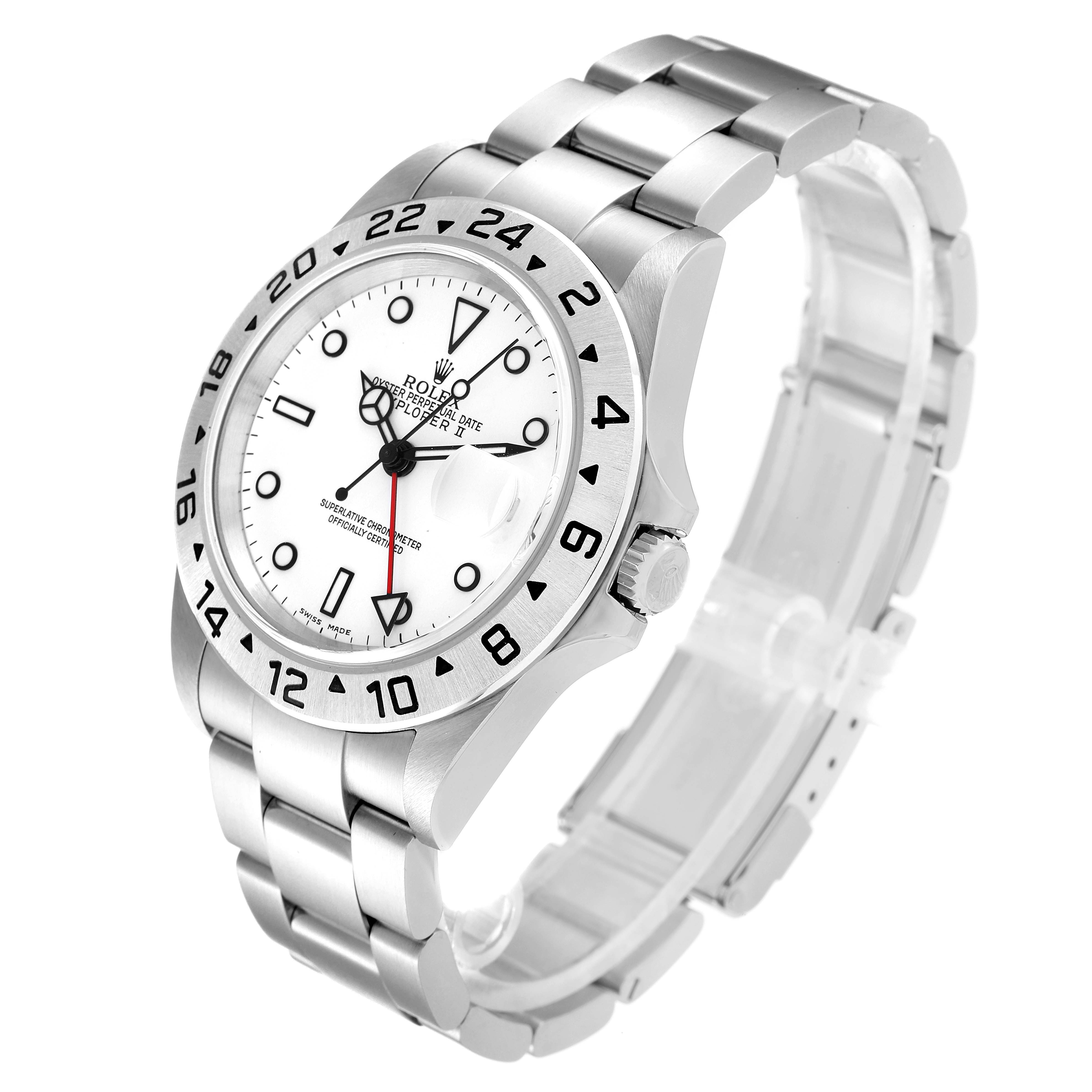 The Rolex Explorer 16570 Men
s Stainless Steel White Dial 16570 Men
s Stainless Steel White Dial watch is shown at an angled view, displaying its face, bezel, and metallic bracelet.
