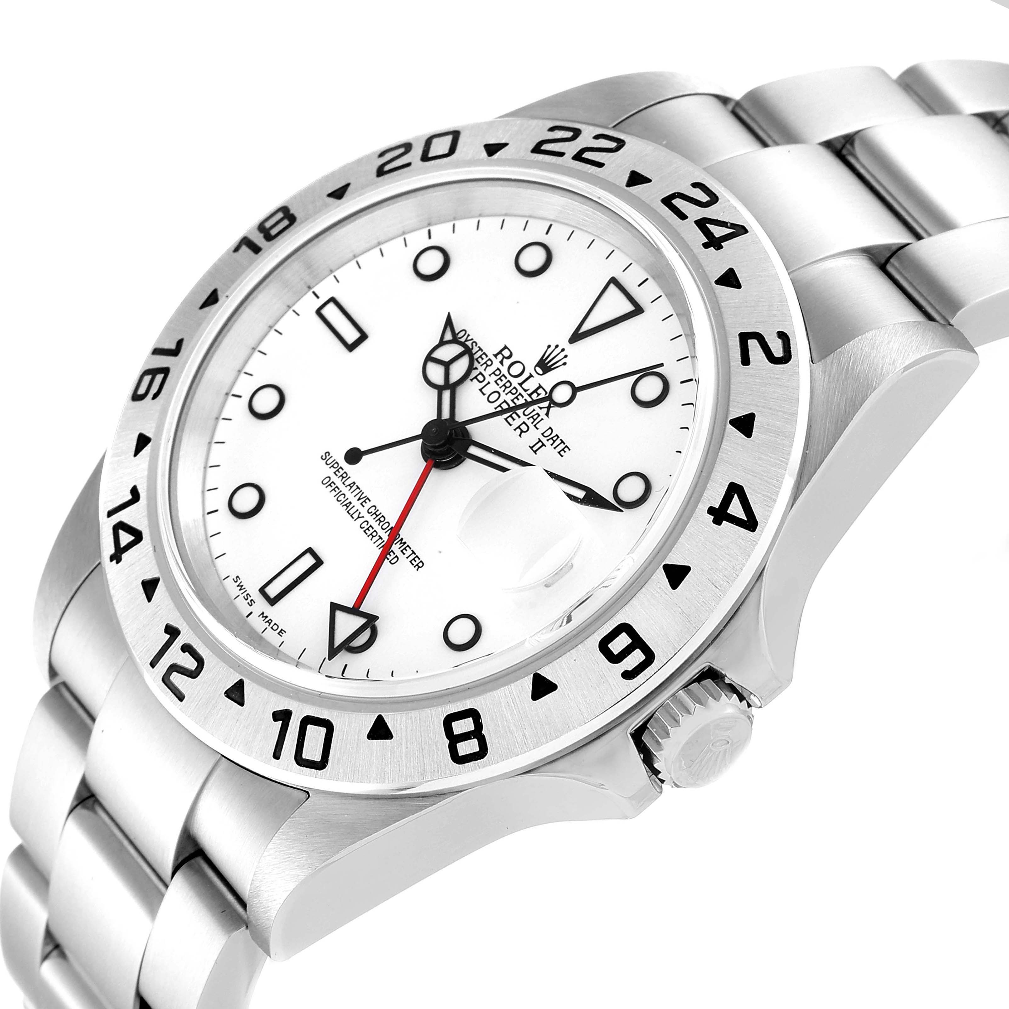 This image shows a close-up side angle of the Rolex Explorer 16570 Men
s Stainless Steel White Dial 16570 Men
s Stainless Steel White Dial model, highlighting the white dial, bezel, crown, and bracelet.