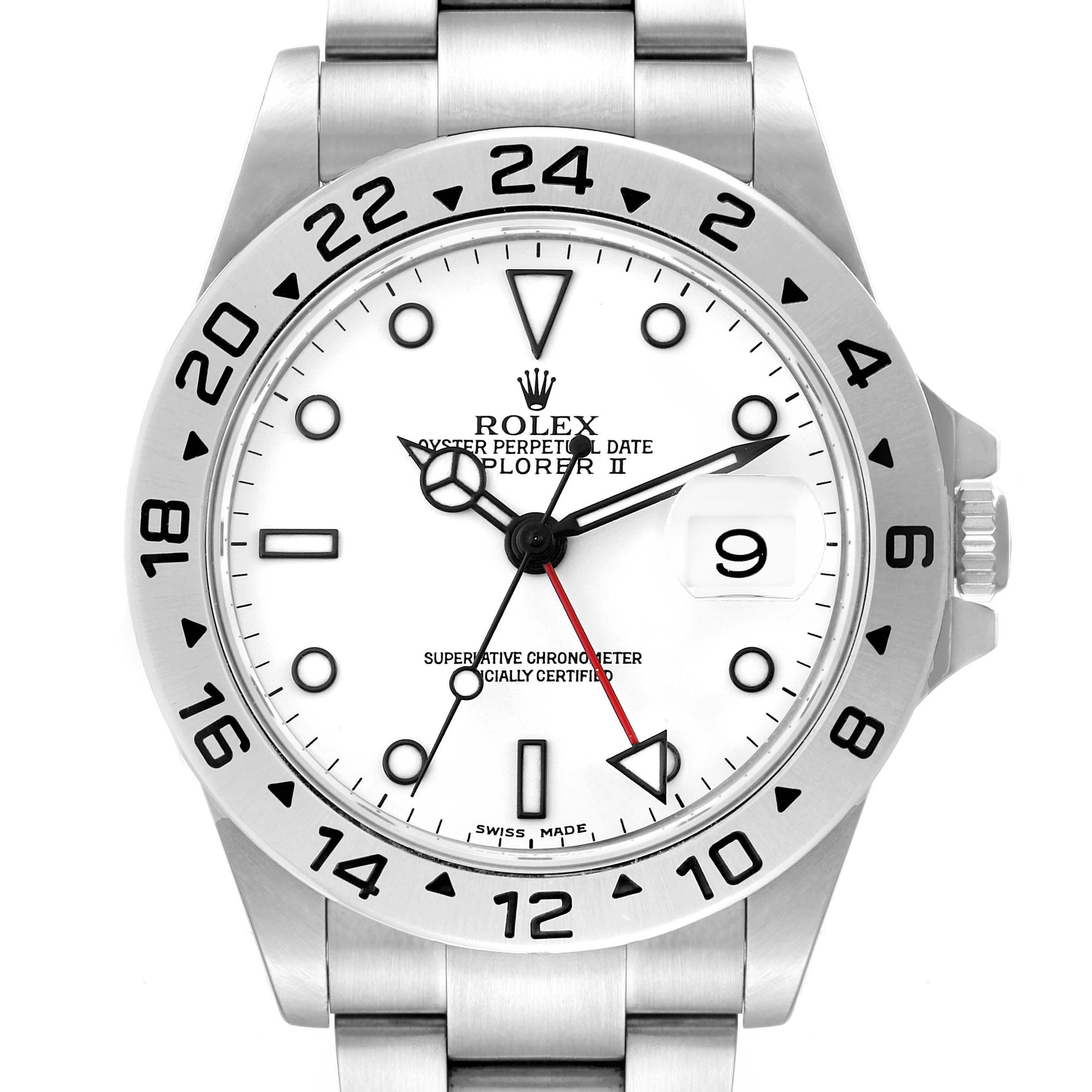 The image shows the face and bezel of a Rolex Explorer 16570 Men
s Stainless Steel White Dial 16570 Men
s Stainless Steel White Dial watch with a white dial and a metal bracelet.