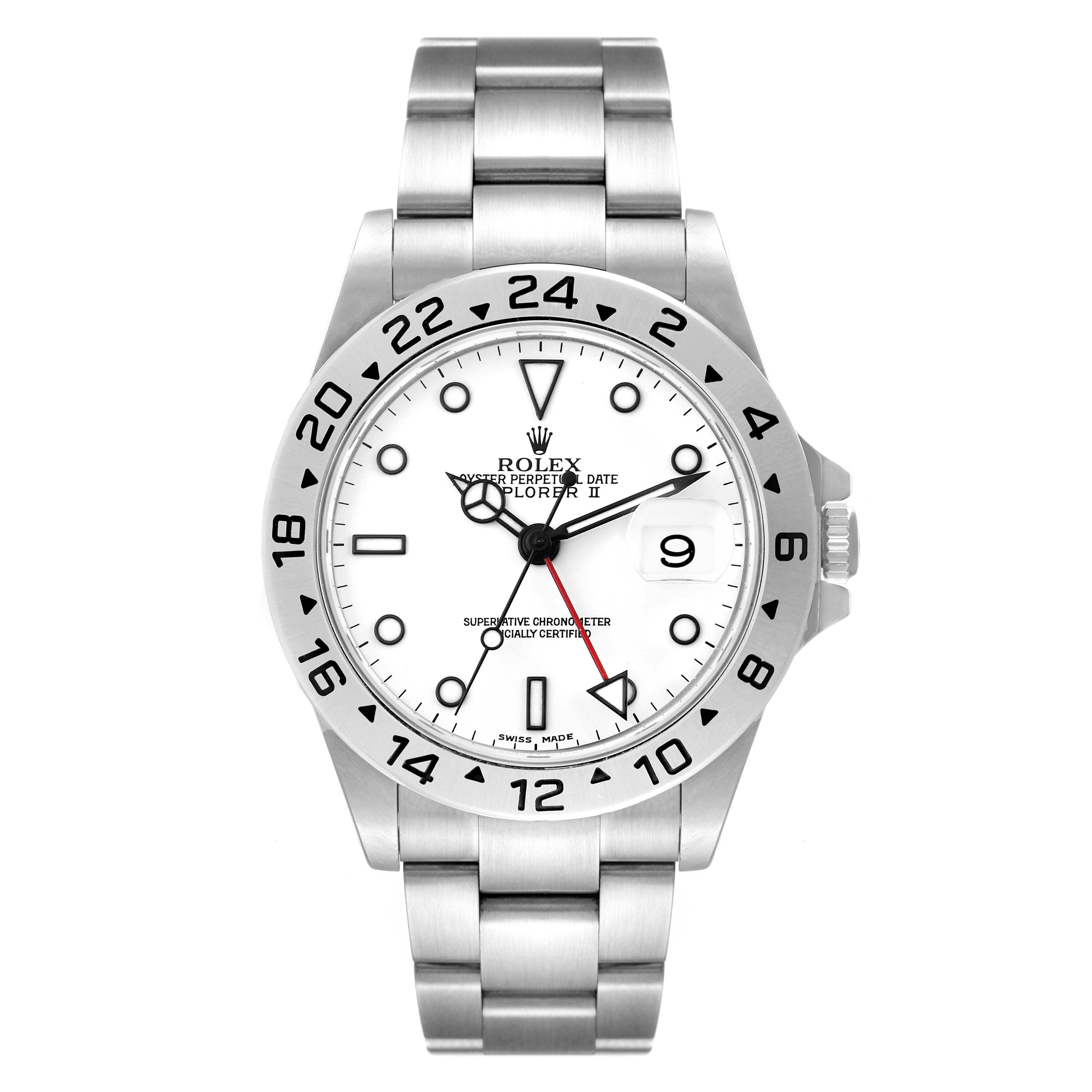 The image shows a front view of a Rolex Explorer 16570 Men
s Stainless Steel White Dial 16570 Men
s Stainless Steel White Dial watch, highlighting the dial, bezel, and bracelet.