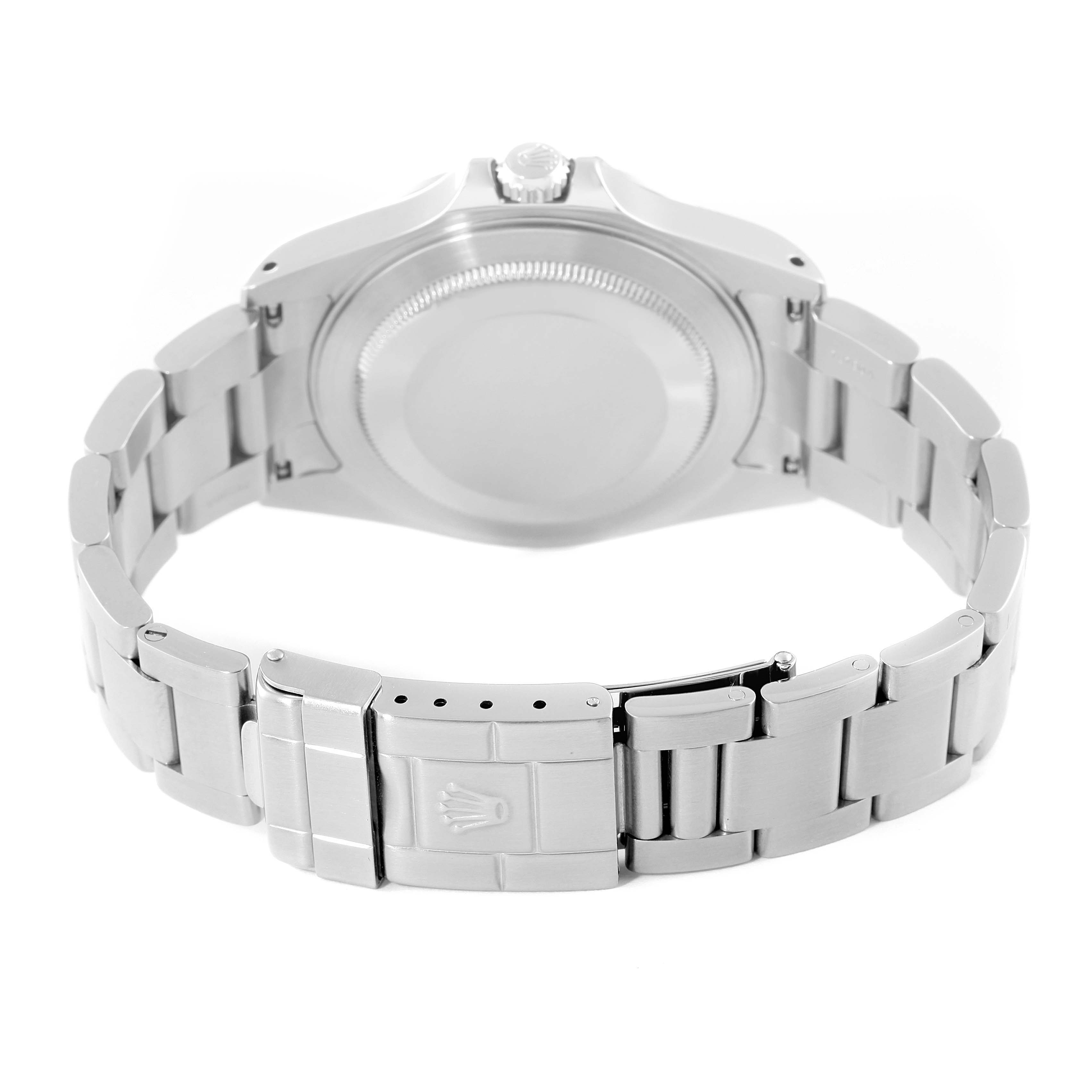 The image shows the back case and bracelet of the Rolex Explorer 16570 Men
s Stainless Steel White Dial 16570 Men
s Stainless Steel White Dial watch, highlighting the clasp and links.
