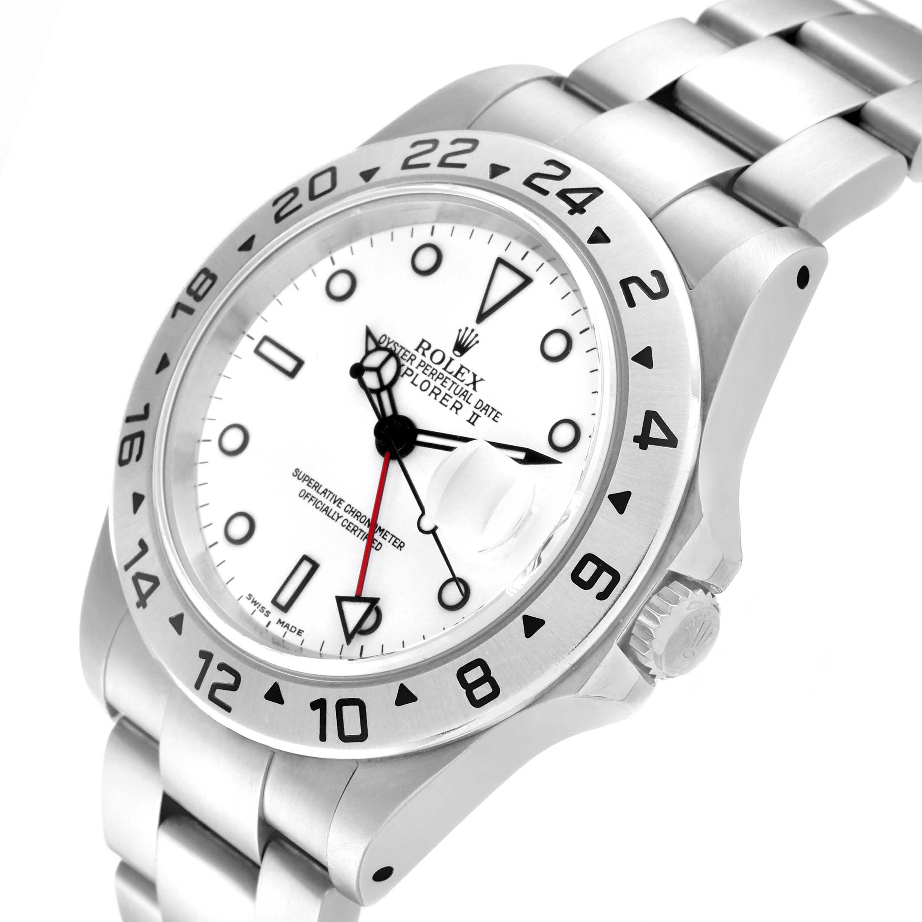 The Rolex Explorer 16570 Men
s Stainless Steel White Dial 16570 Men
s Stainless Steel White Dial watch is shown at a slight angle from the top right, highlighting its face, bezel, and bracelet.
