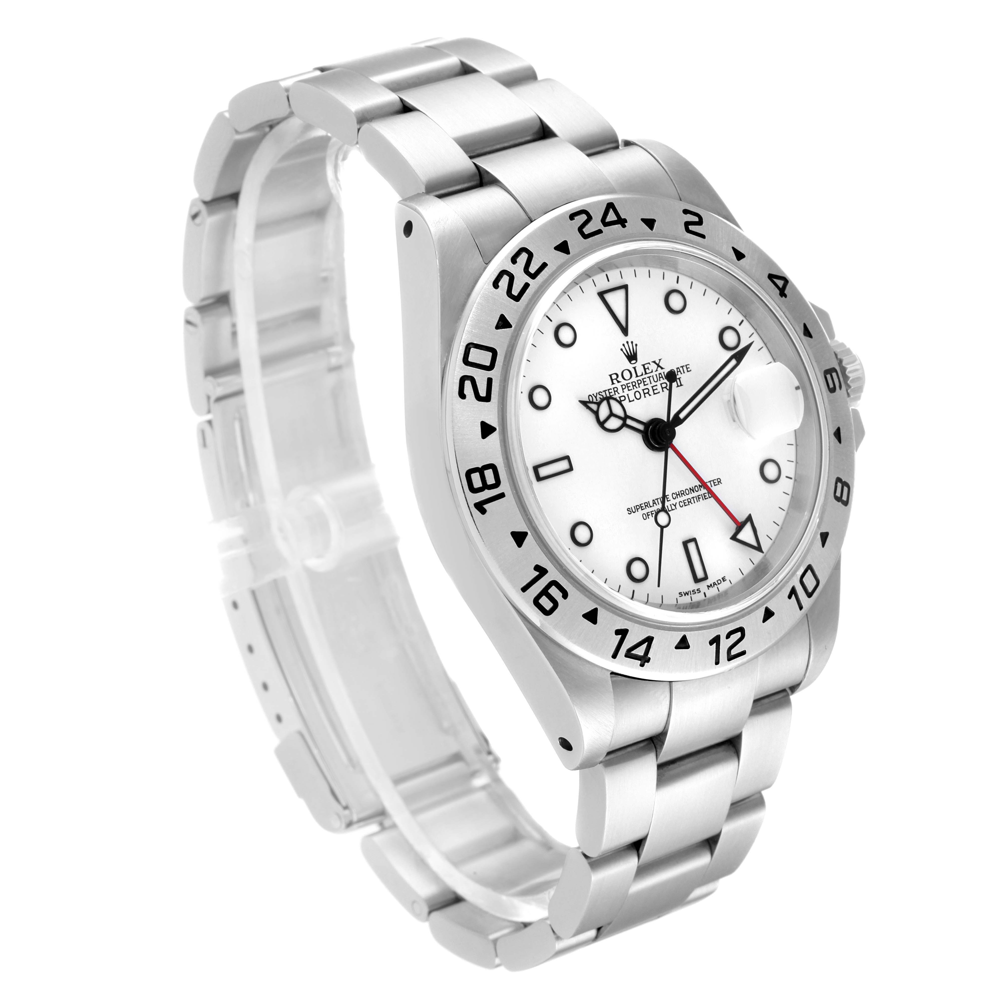The image shows a Rolex Explorer 16570 Men
s Stainless Steel White Dial 16570 Men
s Stainless Steel White Dial watch, angled to display its face, bezel, crown, and metal bracelet.