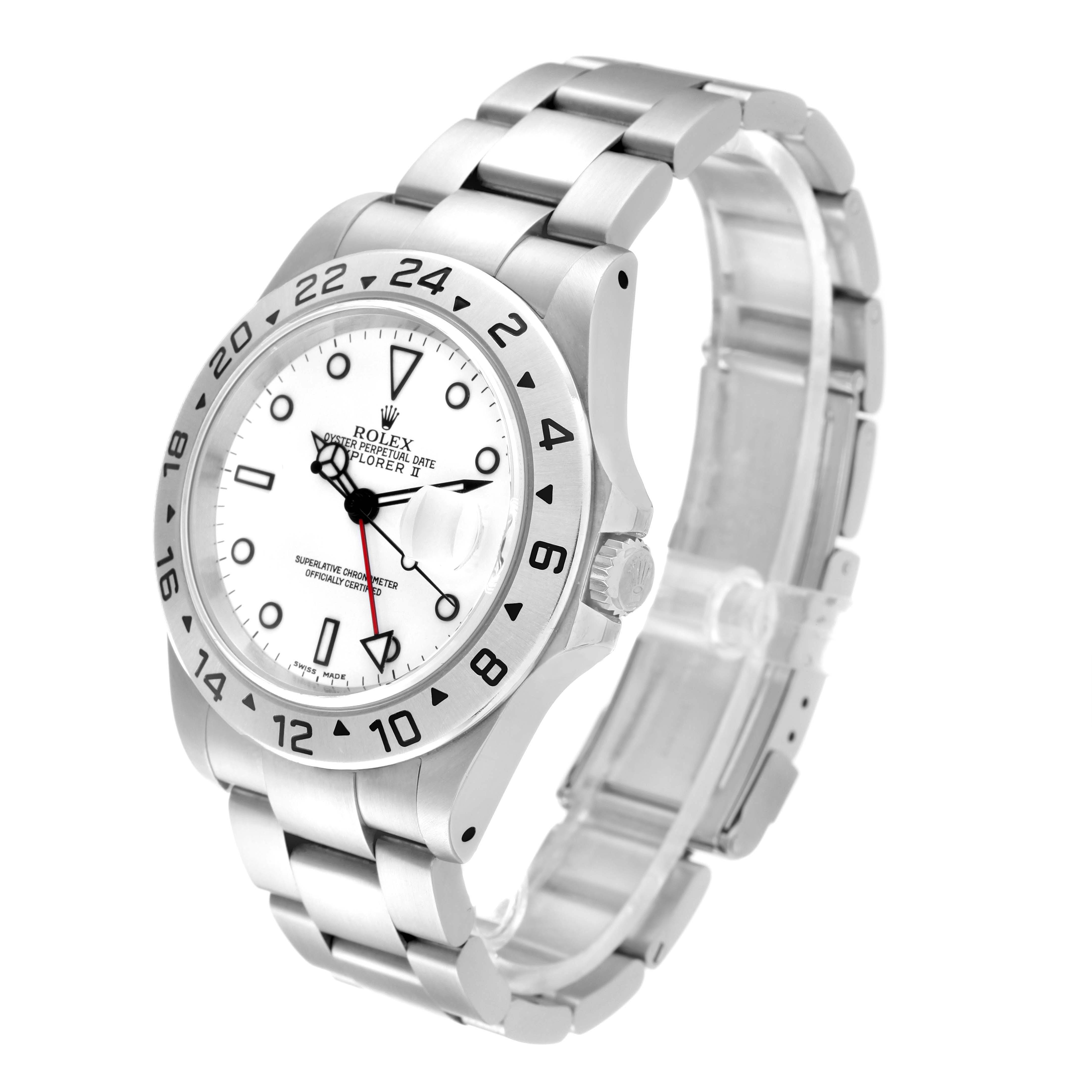 The image shows a side angle of a Rolex Explorer 16570 Men
s Stainless Steel White Dial 16570 Men
s Stainless Steel White Dial watch, highlighting its face, bezel, crown, and bracelet.
