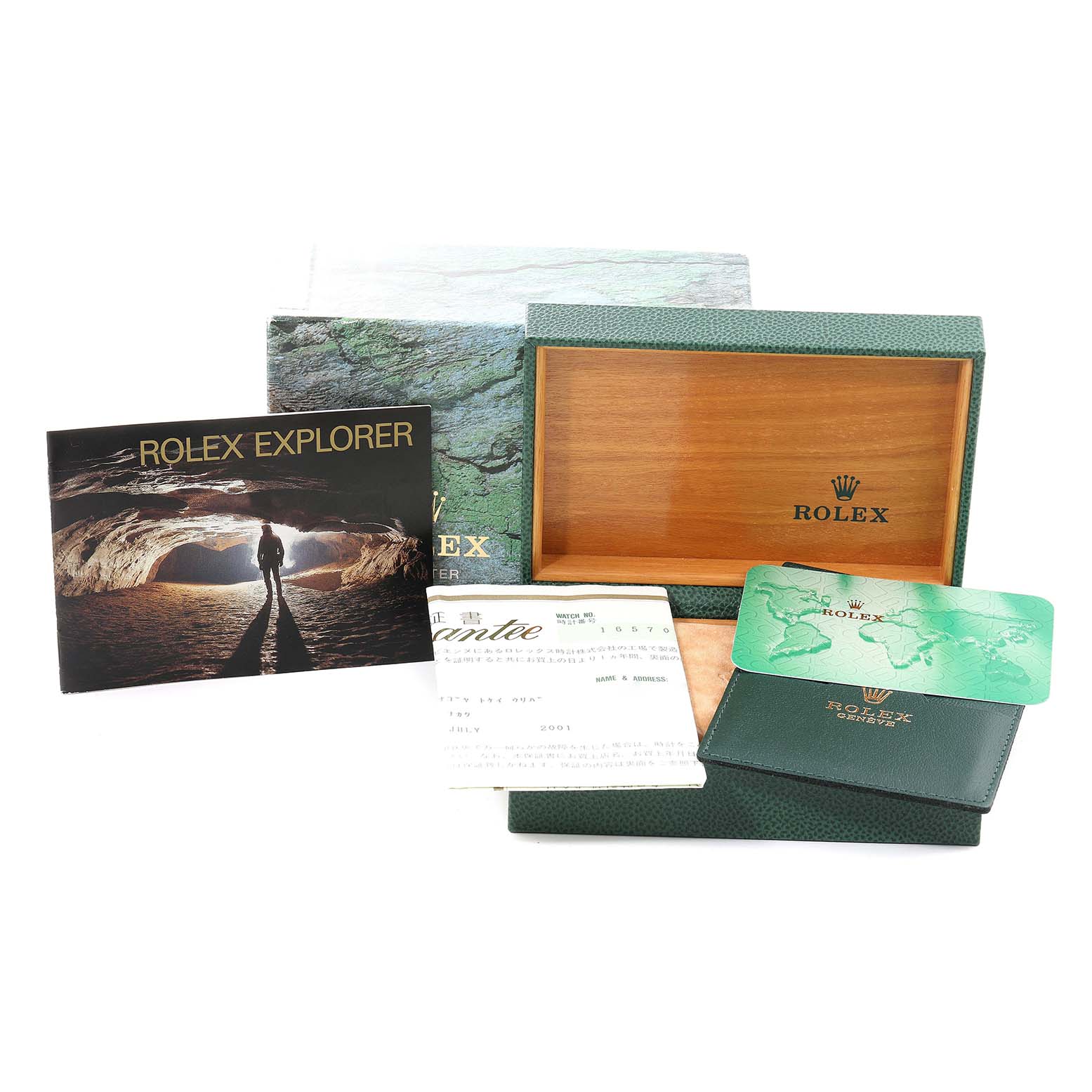 The image shows the packaging, manual, warranty card, and empty box for the Rolex Explorer 16570 Men
s Stainless Steel White Dial 16570 Men
s Stainless Steel White Dial model.