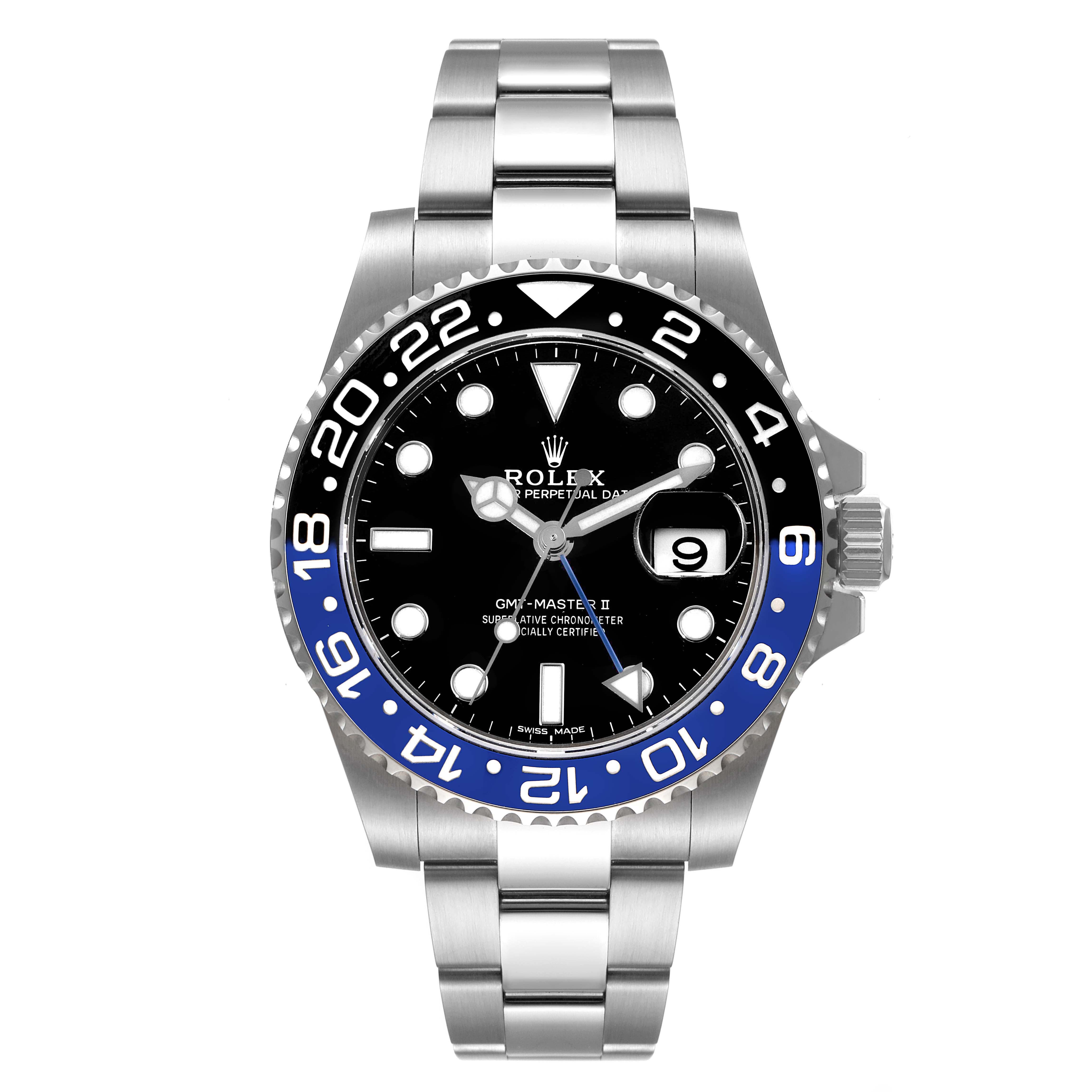 This is a head-on view of the Rolex GMT-Master 116710 Men
s Stainless Steel Black Dial 116710 Men
s Stainless Steel Black Dial II watch, showing the face, bezel, crown, and bracelet.