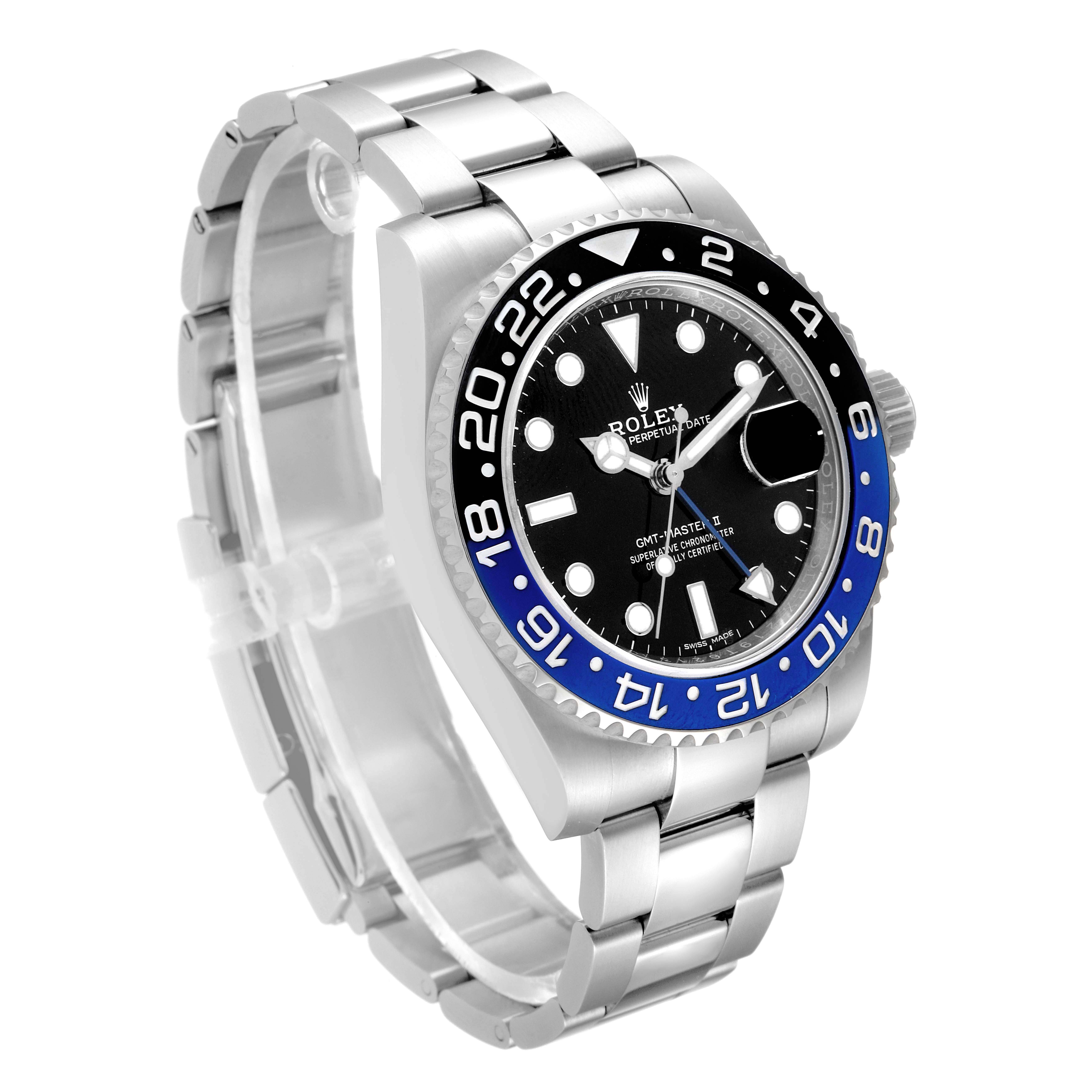 This image shows a side view of a Rolex GMT-Master 116710 Men
s Stainless Steel Black Dial 116710 Men
s Stainless Steel Black Dial watch, highlighting its bezel, dial, and bracelet.