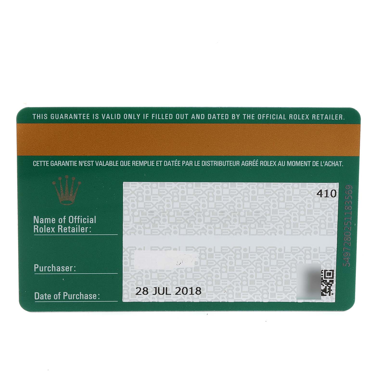 This image shows a warranty card for the Rolex GMT-Master 116710 Men
s Stainless Steel Black Dial 116710 Men
s Stainless Steel Black Dial watch.