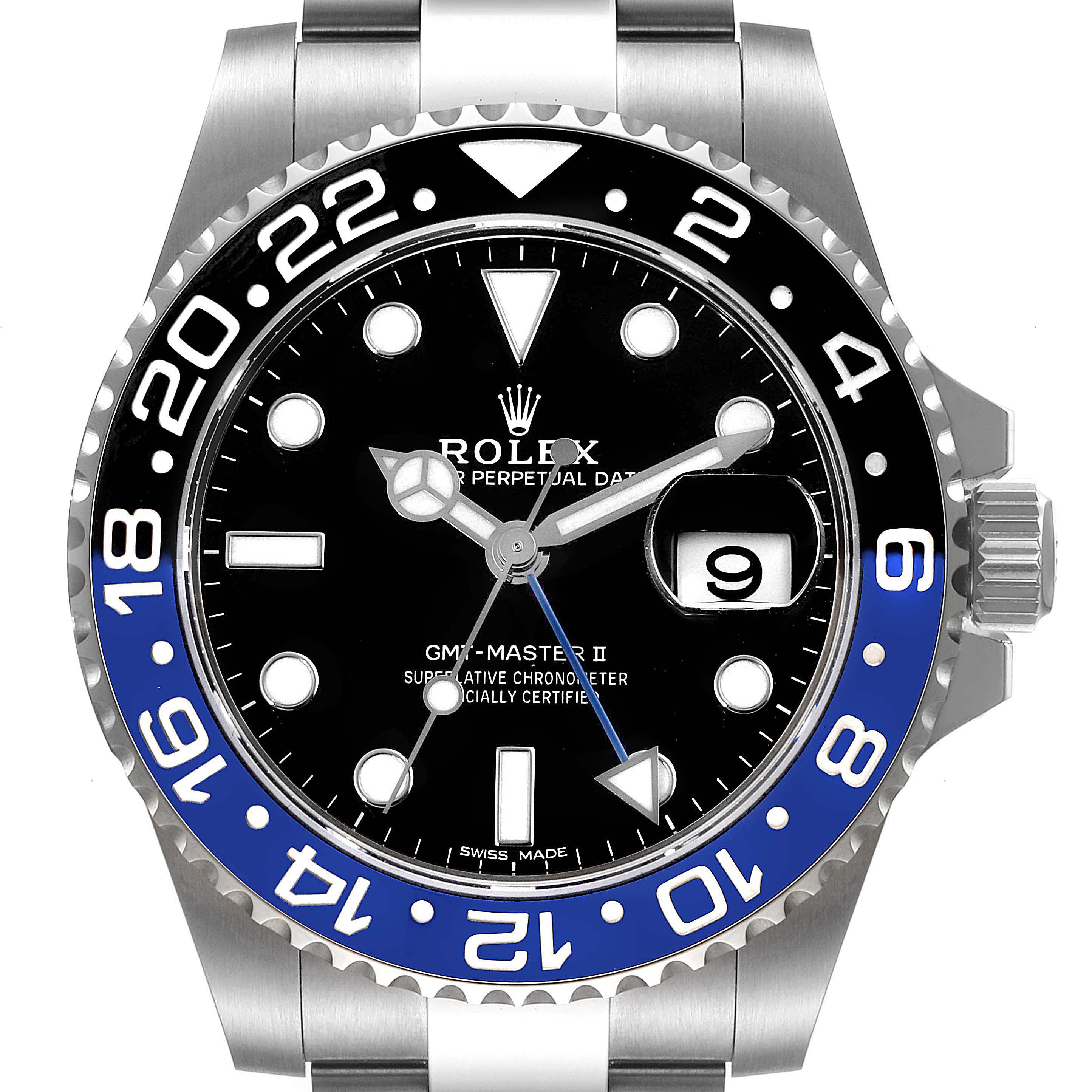 The image shows a front view of the Rolex GMT-Master 116710 Men
s Stainless Steel Black Dial 116710 Men
s Stainless Steel Black Dial II watch face, highlighting the black and blue bezel and date display.